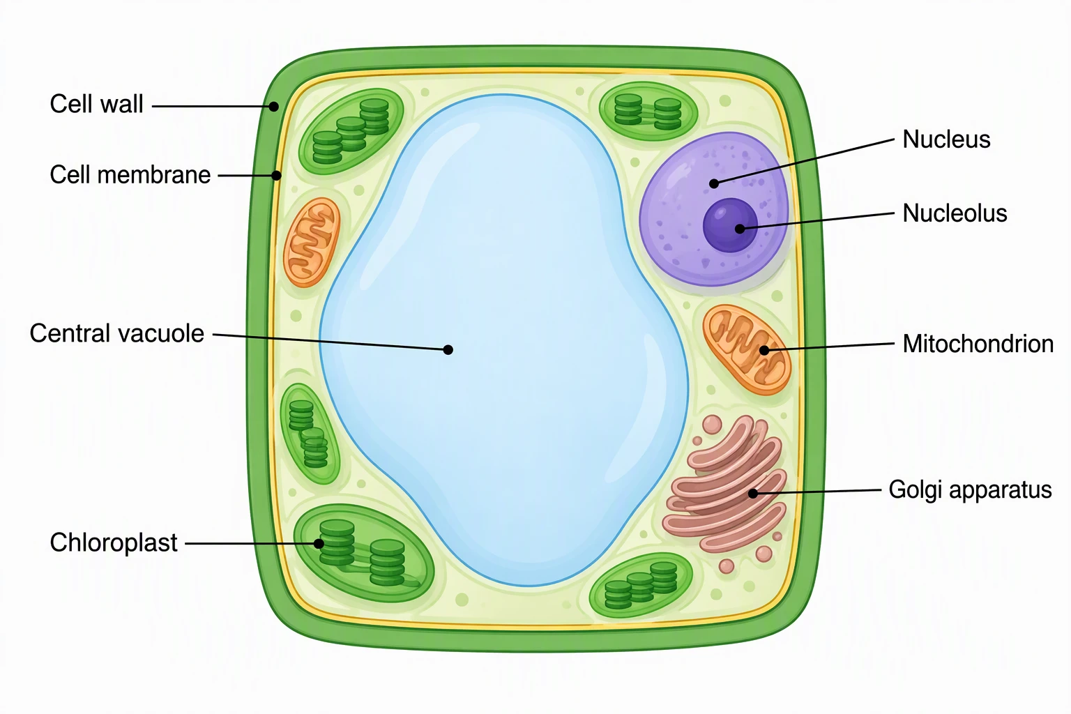 Labeled plant cell diagram showing the cell wall, cell membrane, large central vacuole, nucleus, nucleolus, chloroplast, mitochondrion, and Golgi apparatus