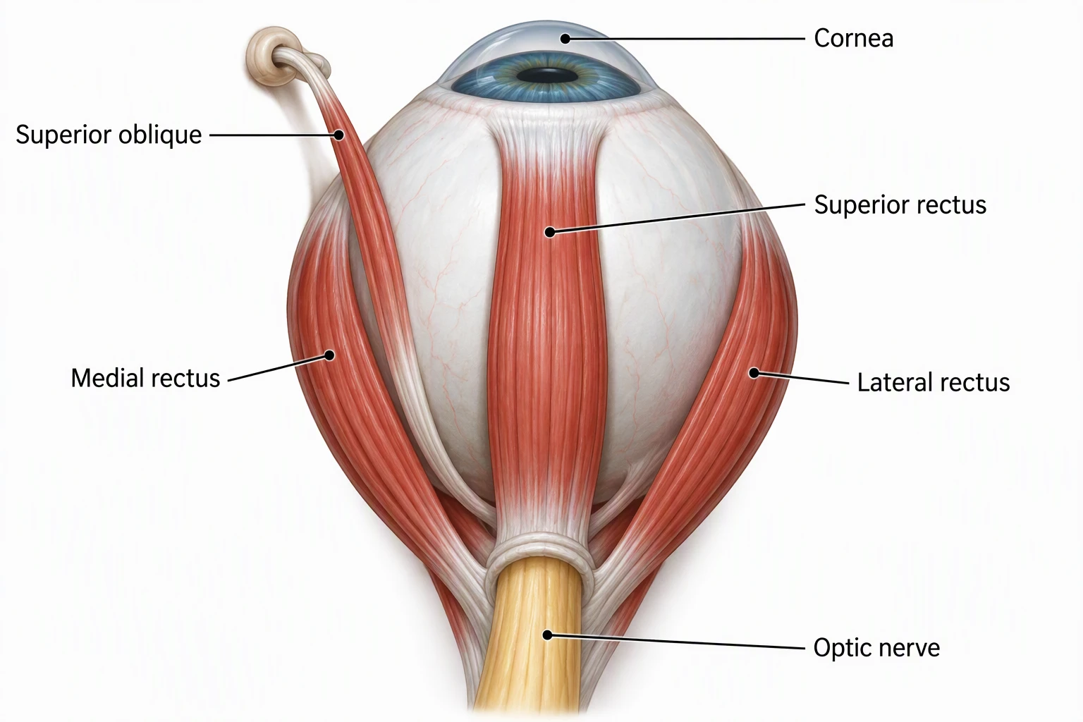 A diagram of the extraocular muscles (rectus and oblique) attached to the eyeball, labeled