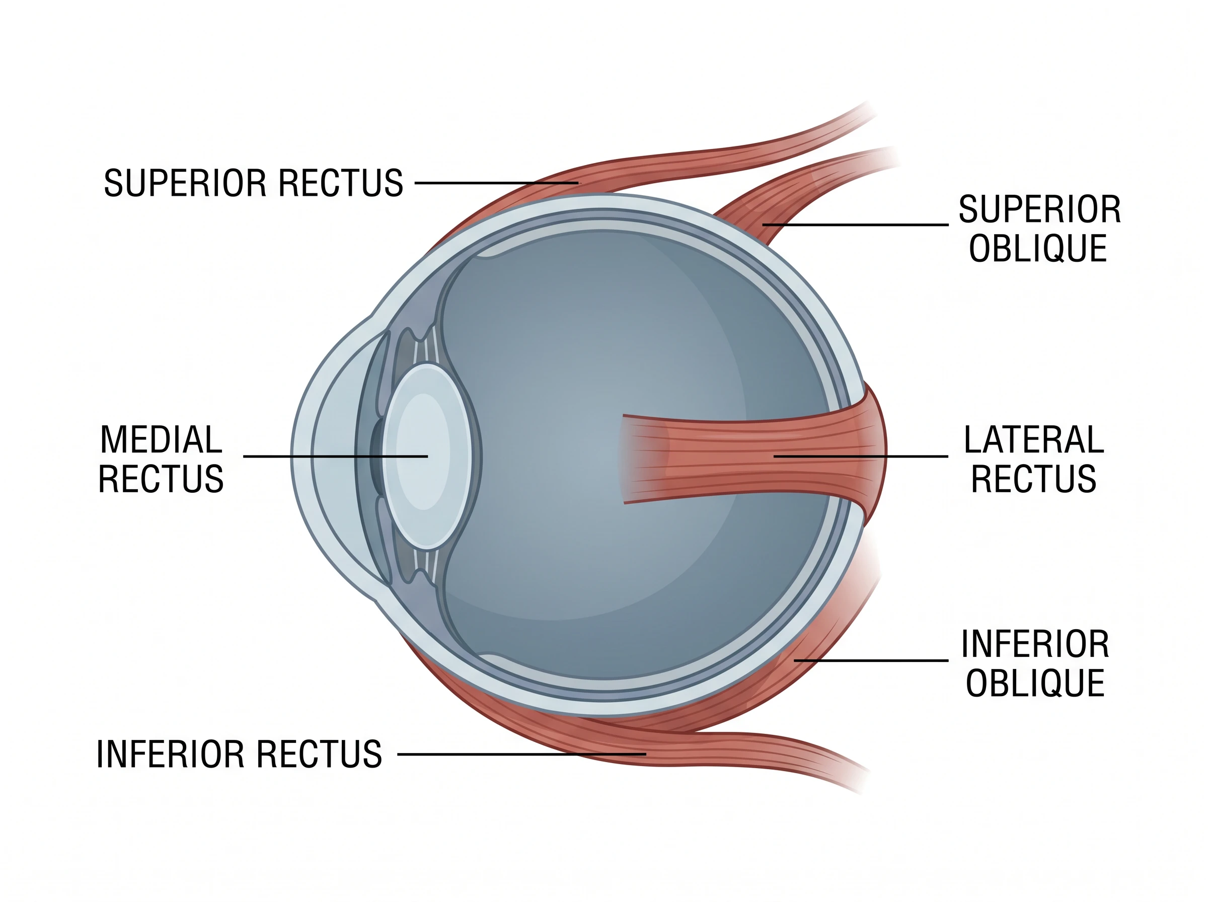 A diagram of the extraocular muscles (rectus and oblique) attached to the eyeball, labeled
