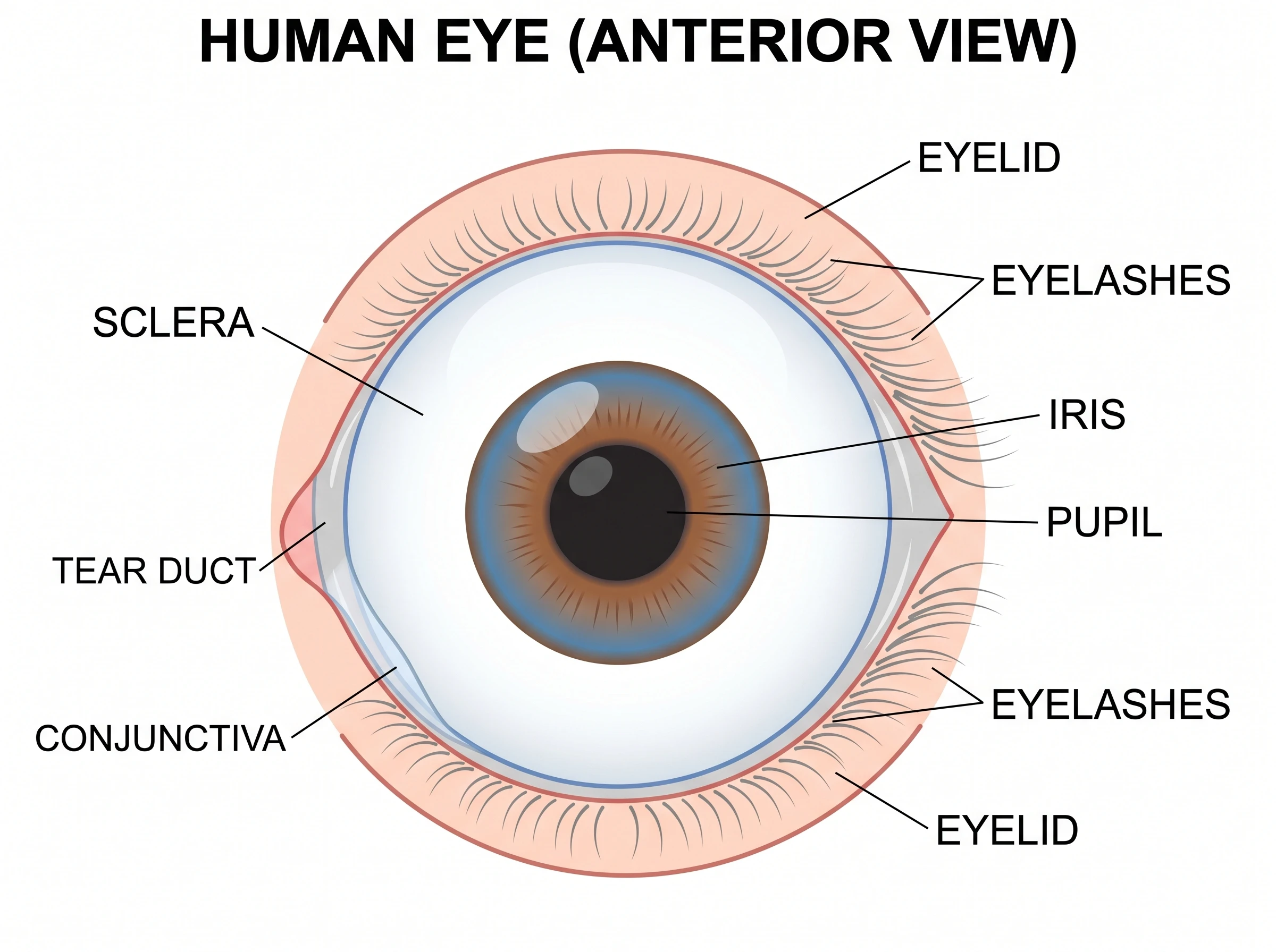 A front view of the human eye showing the sclera, iris, pupil, eyelid, eyelashes, and tear duct, labeled