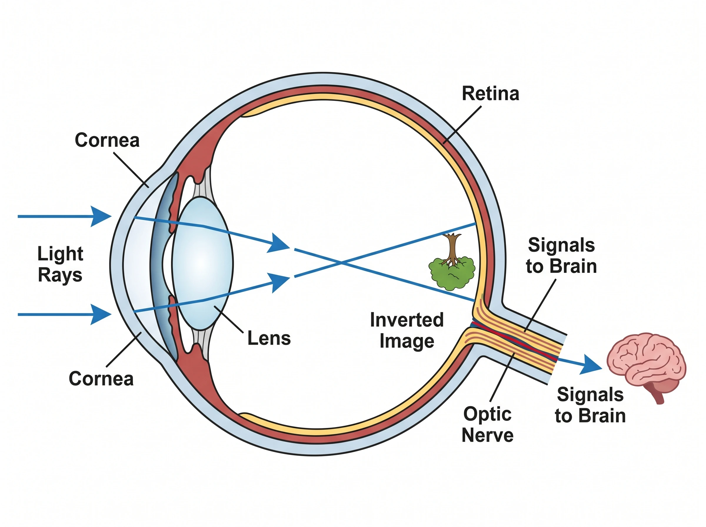 A diagram of how vision works, with light focusing an inverted image on the retina and the optic nerve to the brain
