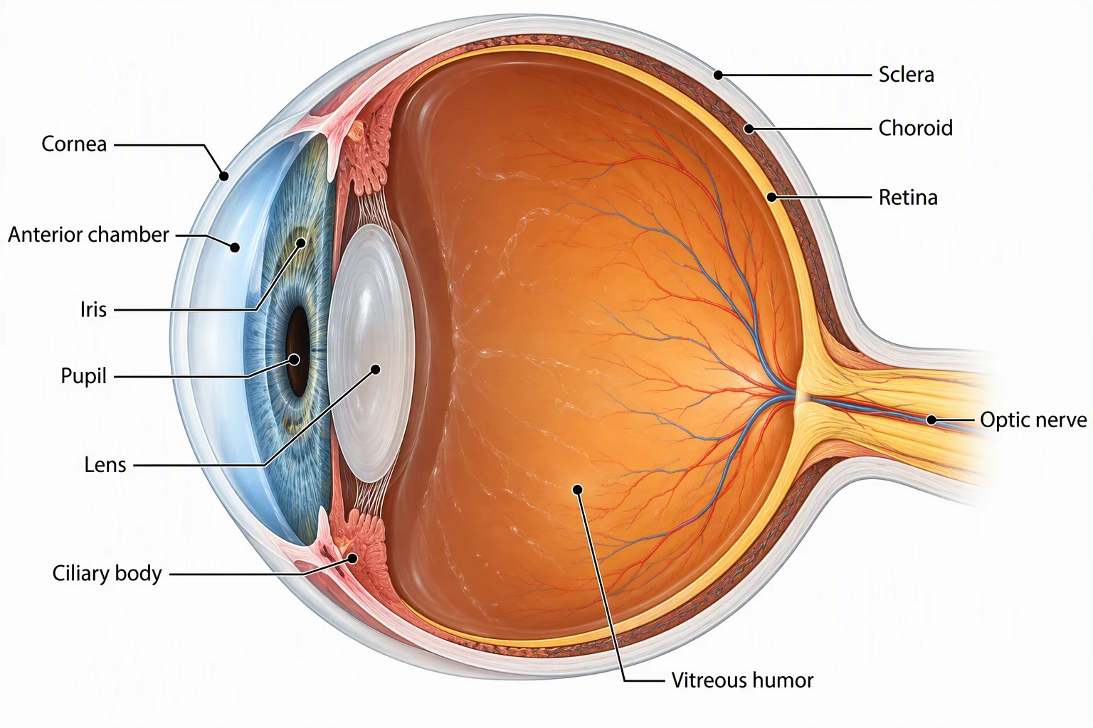 Labeled cross-section of the human eye showing cornea, anterior chamber, iris, pupil, lens, ciliary body, vitreous humor, retina, choroid, sclera, and optic nerve