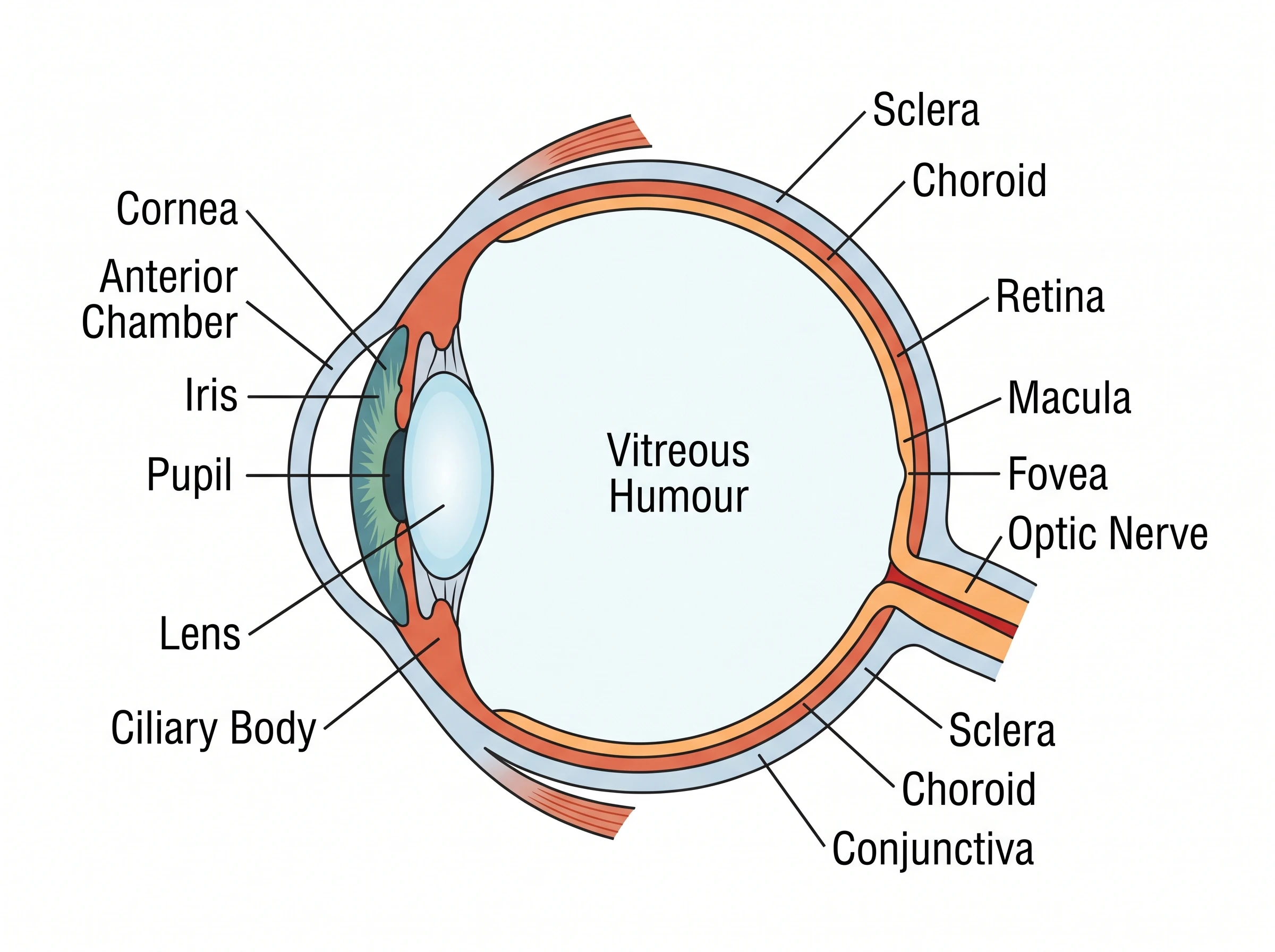 Labeled cross-section of the human eye showing cornea, iris, pupil, lens, retina, macula, fovea, and optic nerve
