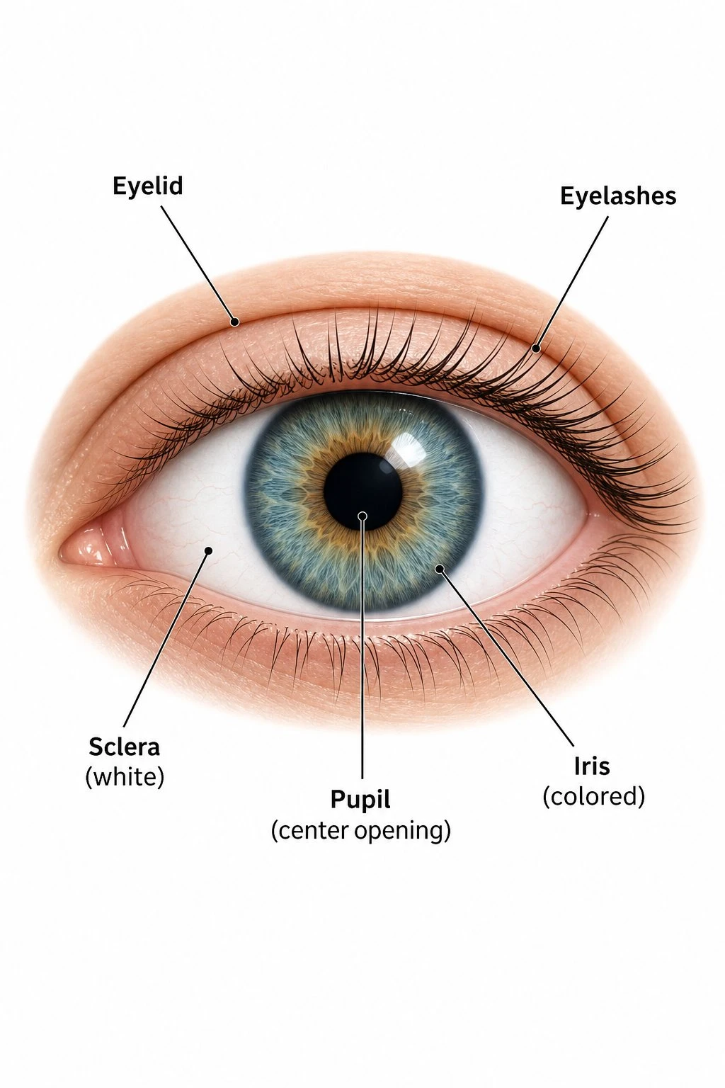 Front view labeled eye showing sclera iris pupil eyelid and eyelashes