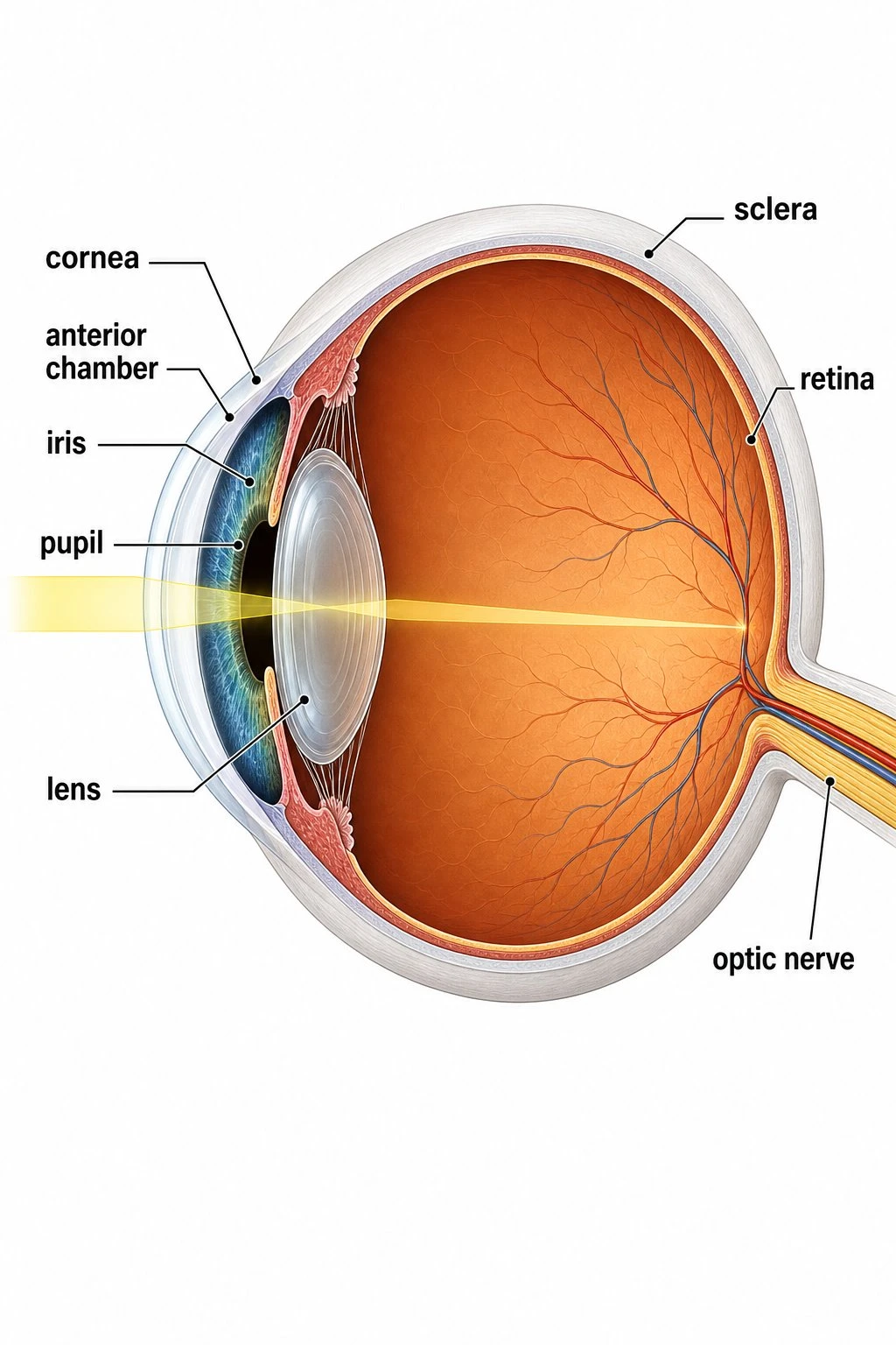 Labeled human eye diagram showing cornea, iris, pupil, lens, retina, and optic nerve