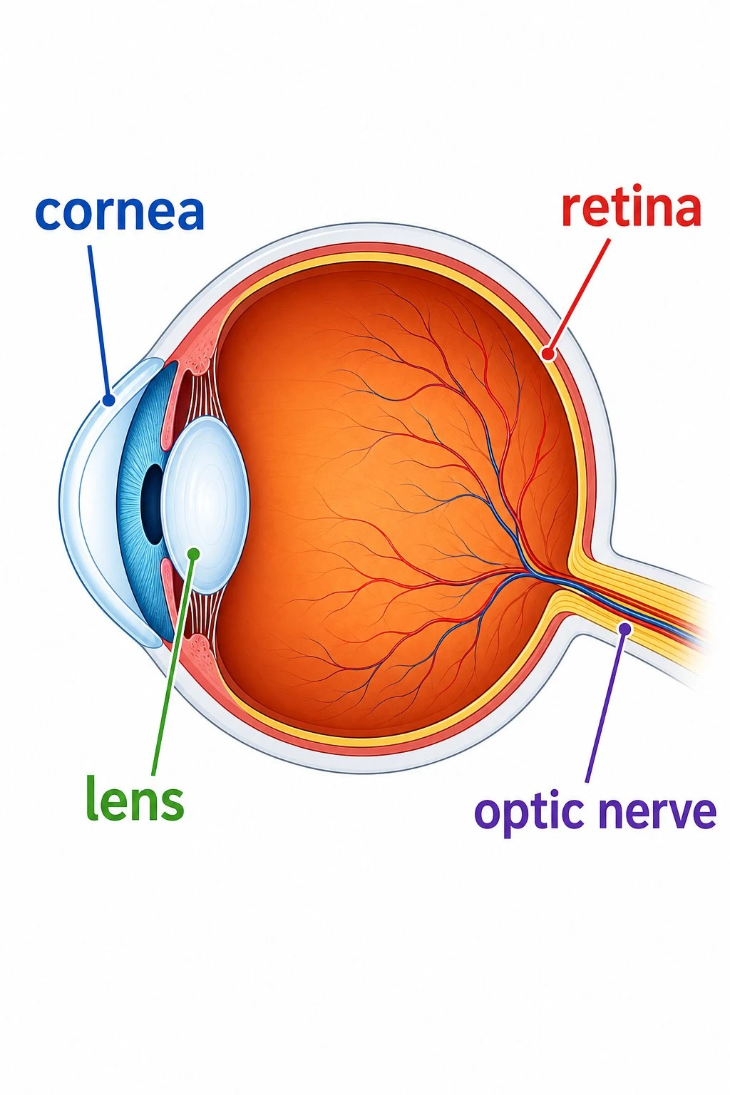 Simple eye diagram with large labels for cornea lens retina and optic nerve