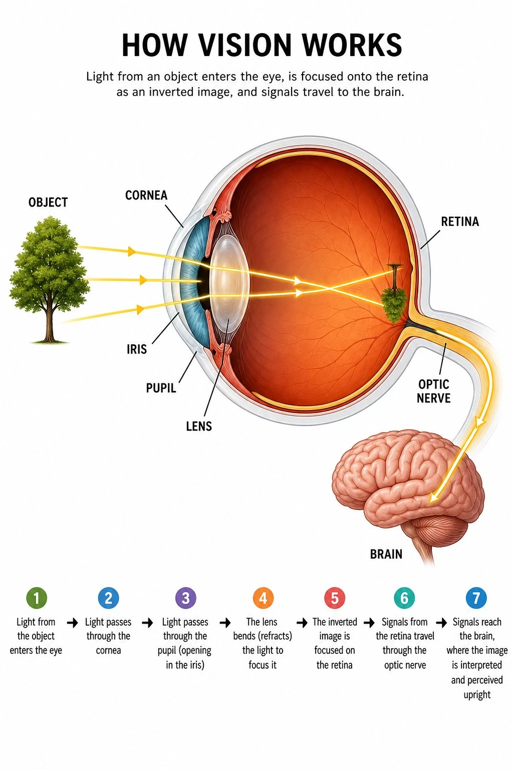 Diagram of how vision works with light path through cornea pupil lens to retina and optic nerve