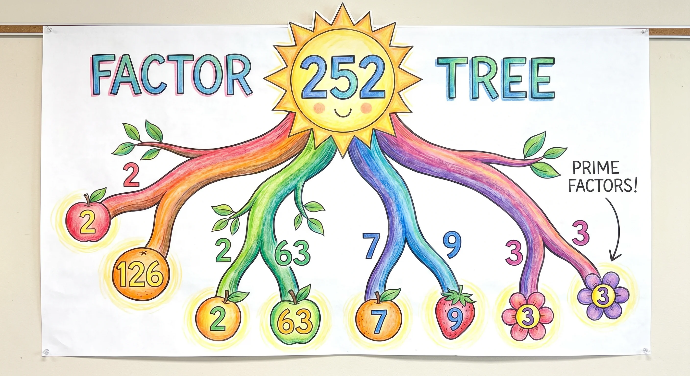 Bright colorful factor tree poster for a classroom