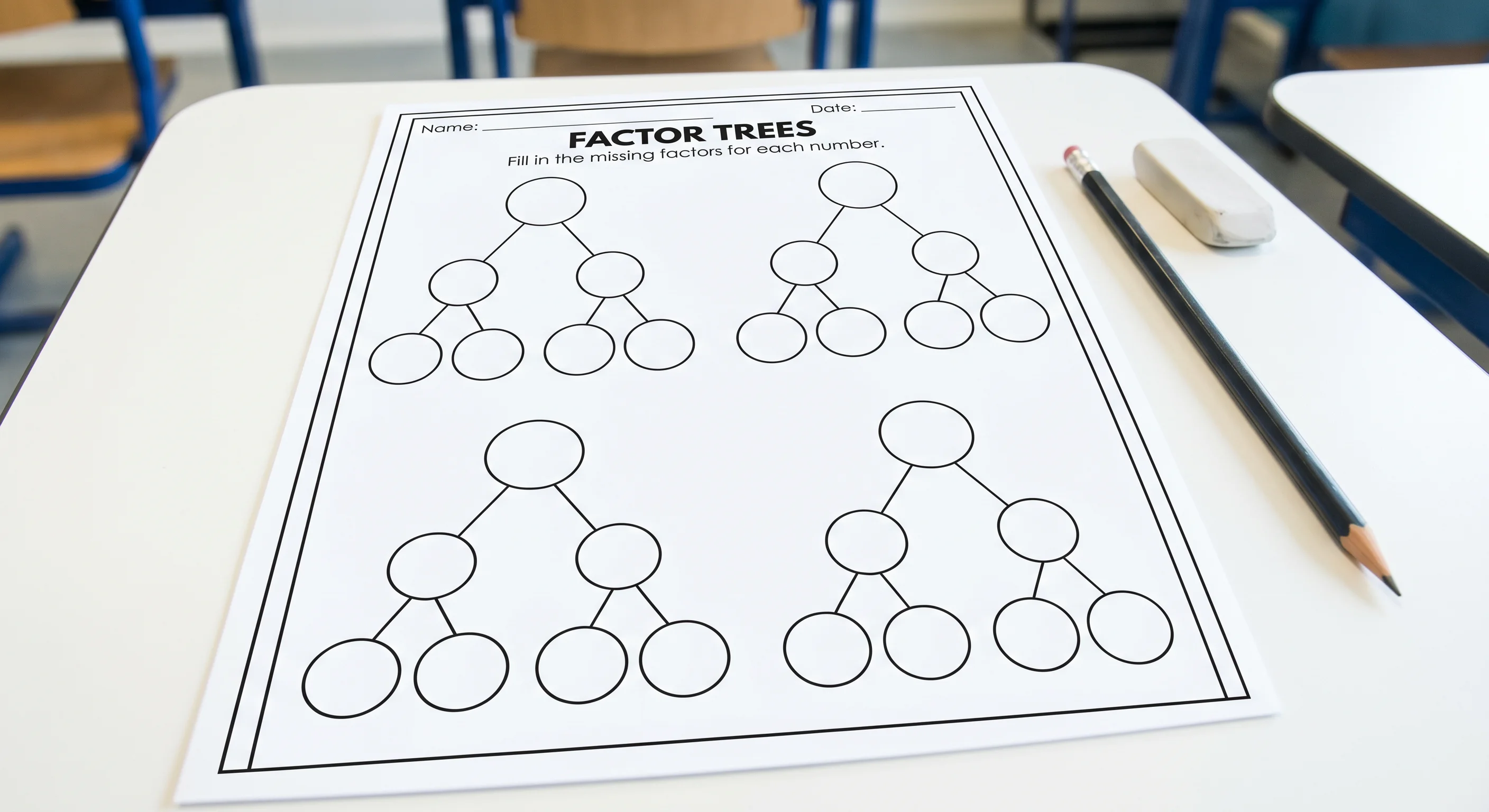 Worksheet with several blank factor tree templates