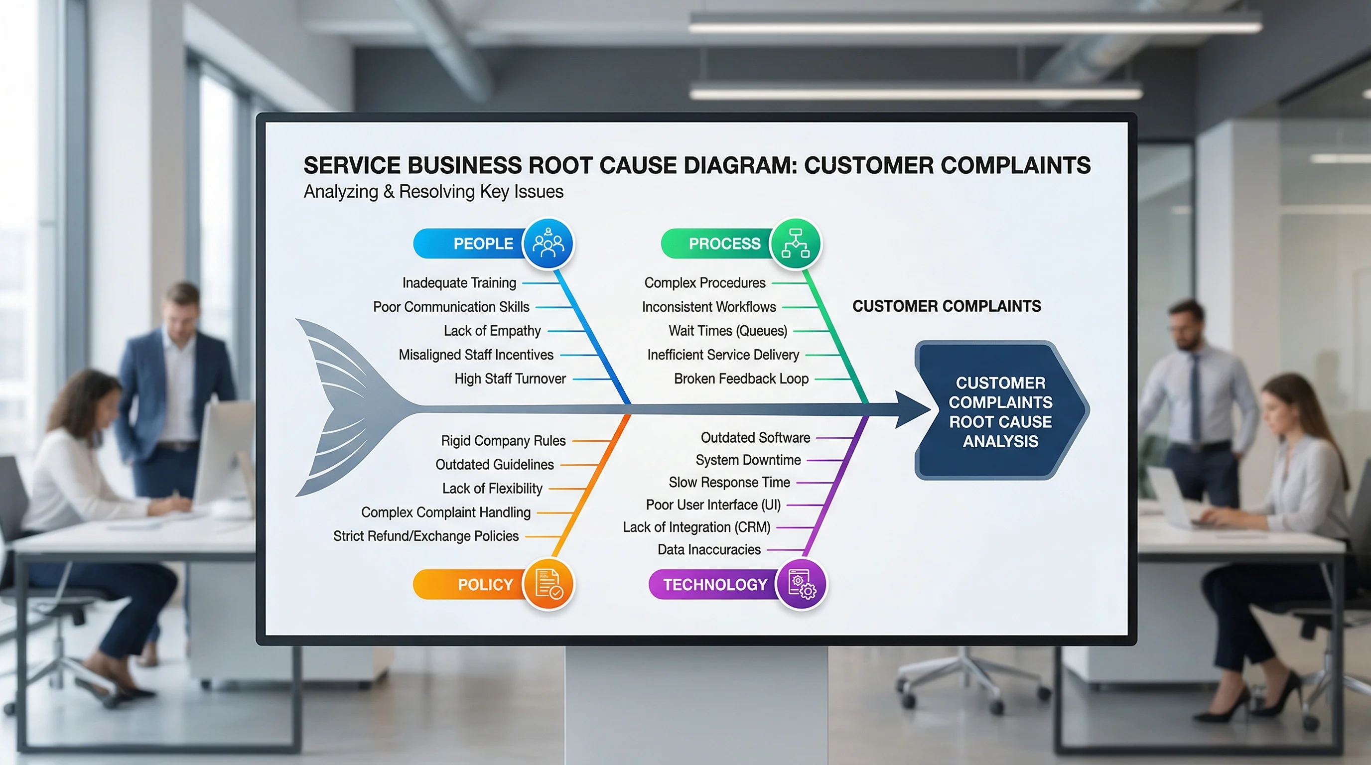 Fishbone diagram analyzing root causes of customer complaints in a service business.
