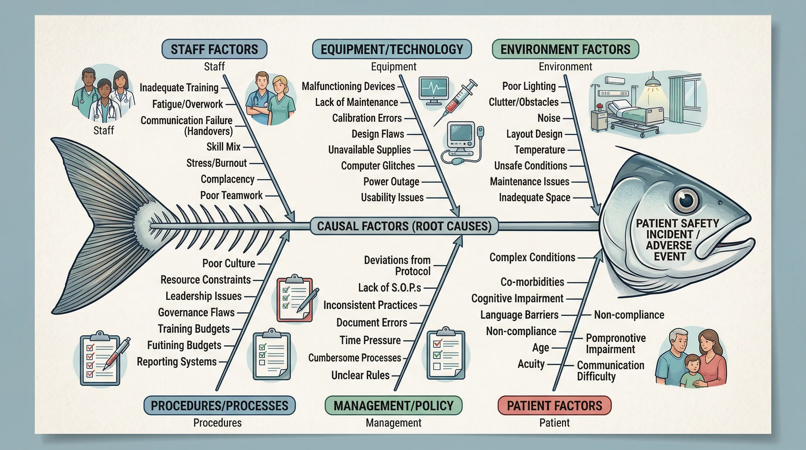 Fishbone diagram for patient safety incident investigation in a hospital setting.