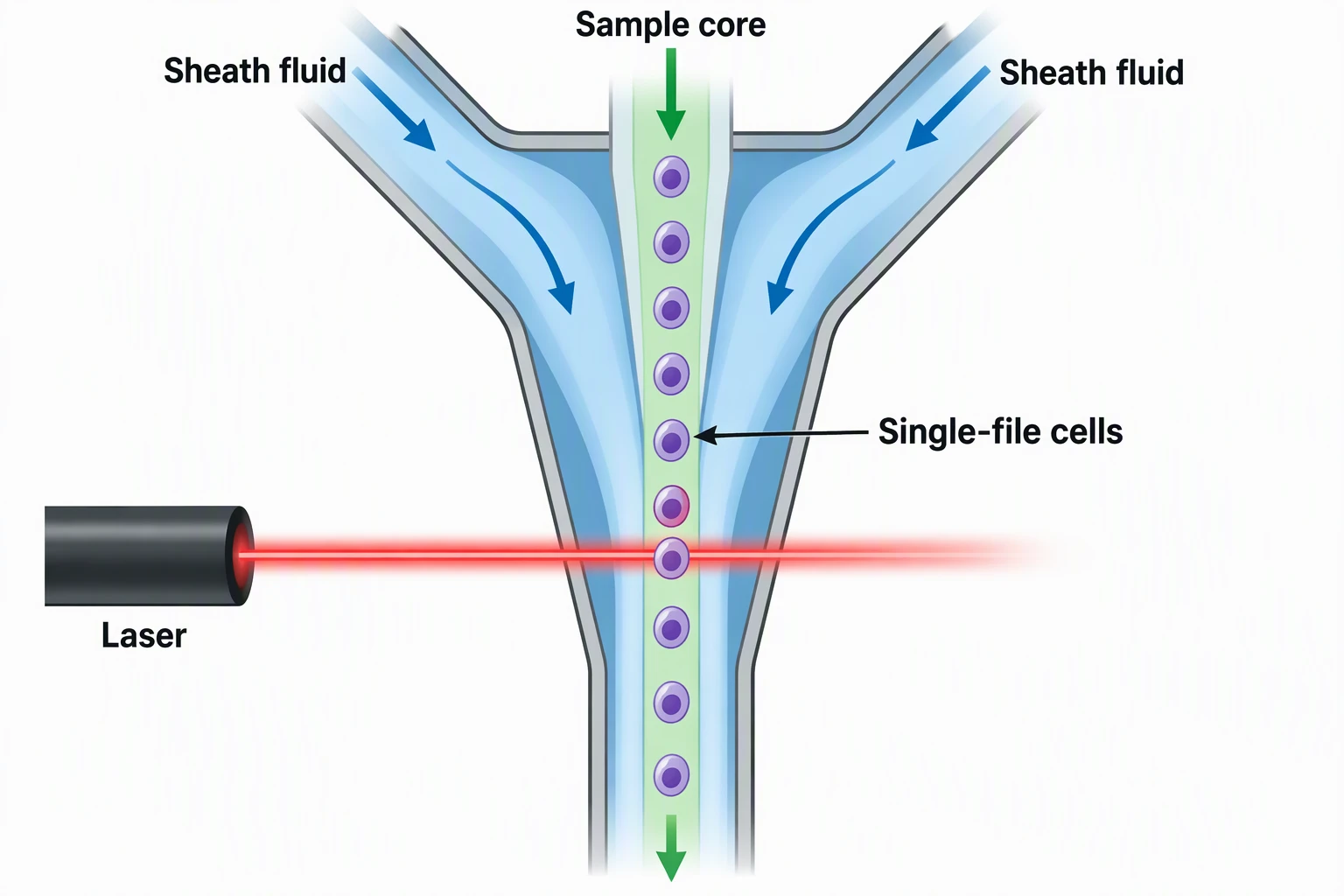 AI-generated close-up of sheath fluid focusing a sample core with cells in single file and a laser crossing the stream