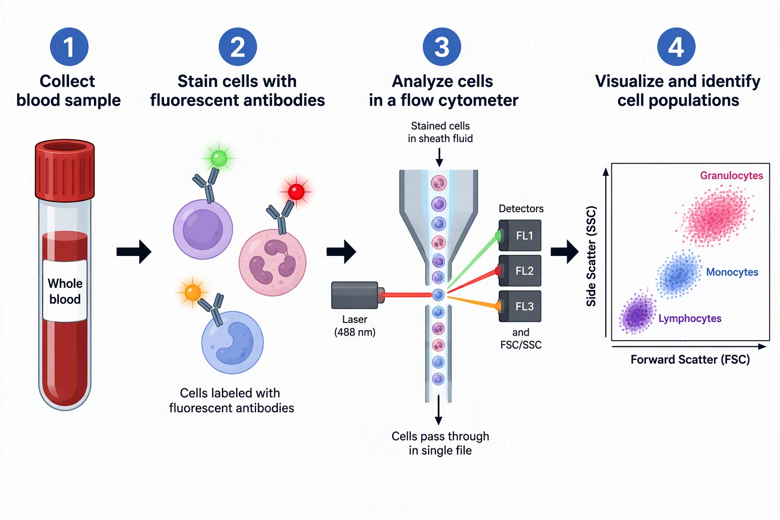 AI-generated four-step flow cytometry workflow from blood tube to dot plot
