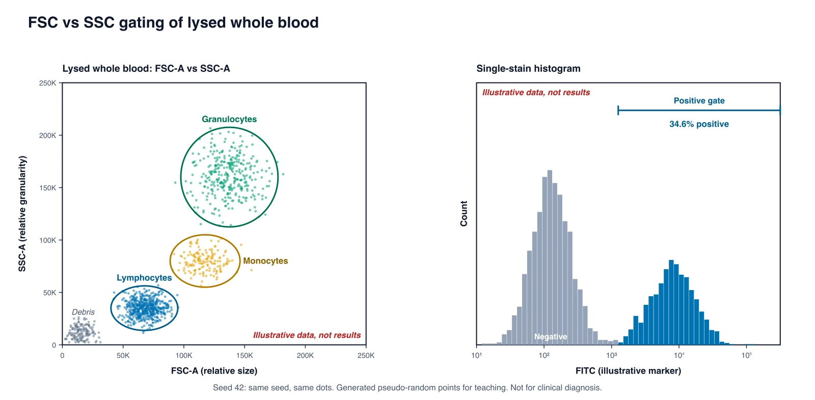 Illustrative FSC-A vs SSC-A dot plot of lysed whole blood with lymphocyte, monocyte and granulocyte gates, plus a single-stain histogram with a positive gate