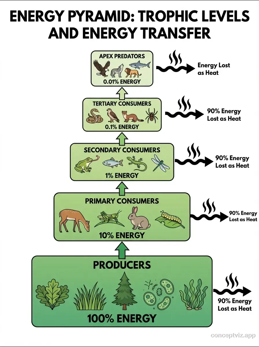 Ecological energy pyramid showing energy transfer between trophic levels from producers to apex predators, with percentage of energy at each level.