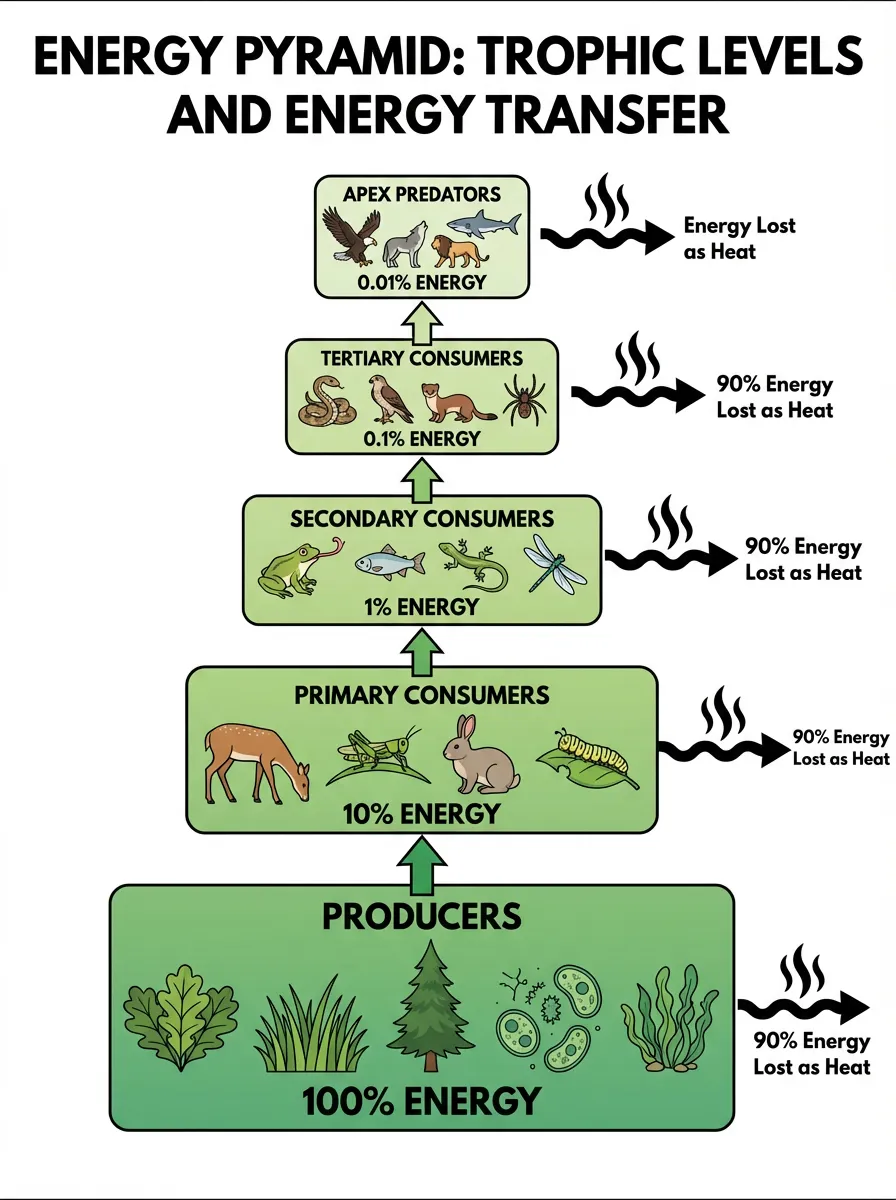 Ecological energy pyramid showing energy transfer between trophic levels from producers to apex predators, with percentage of energy at each level.