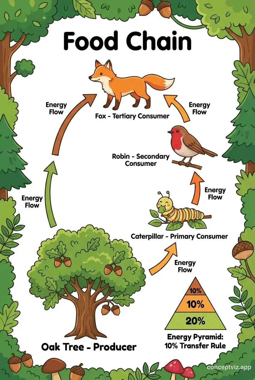 Colorful forest ecosystem food chain poster showing oak tree, caterpillar, robin, and fox. Vibrant colors suitable for classroom display with energy pyramid overlay.