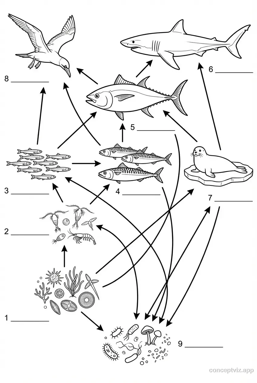 Black and white marine ecosystem food web diagram without labels for student worksheets. Shows phytoplankton, zooplankton, small fish, larger fish, shark, and seabird with blank lines for labeling.
