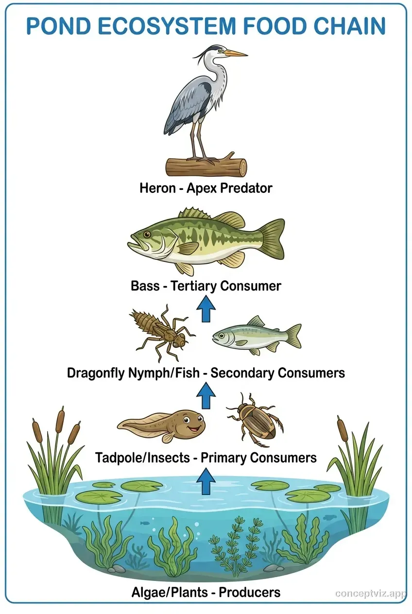 Pond food chain diagram showing aquatic plants, tadpole, dragonfly nymph, fish, and heron. Educational worksheet style with arrows indicating energy flow.