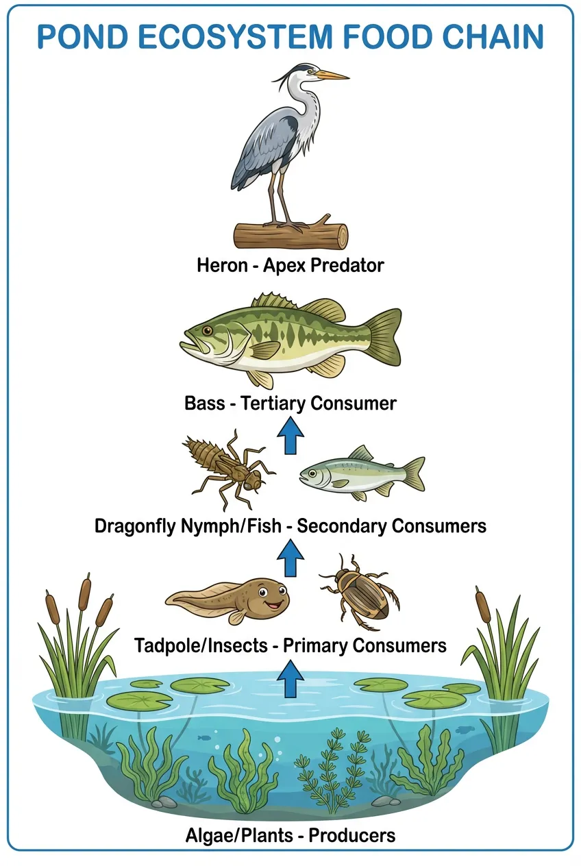 Pond food chain diagram showing aquatic plants, tadpole, dragonfly nymph, fish, and heron. Educational worksheet style with arrows indicating energy flow.