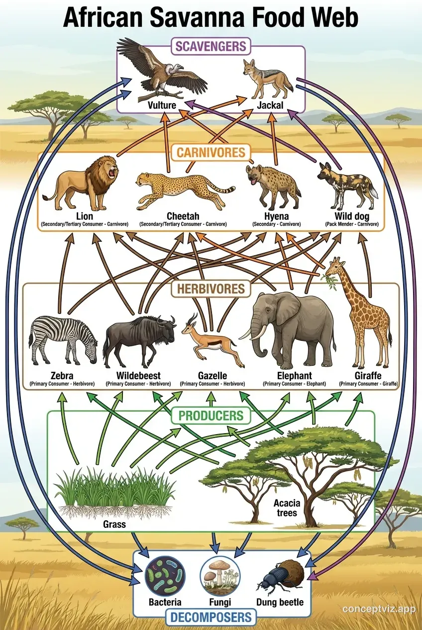 Complex African savanna food web showing multiple interconnected food chains with grass, zebra, wildebeest, lion, hyena, vulture and other organisms.