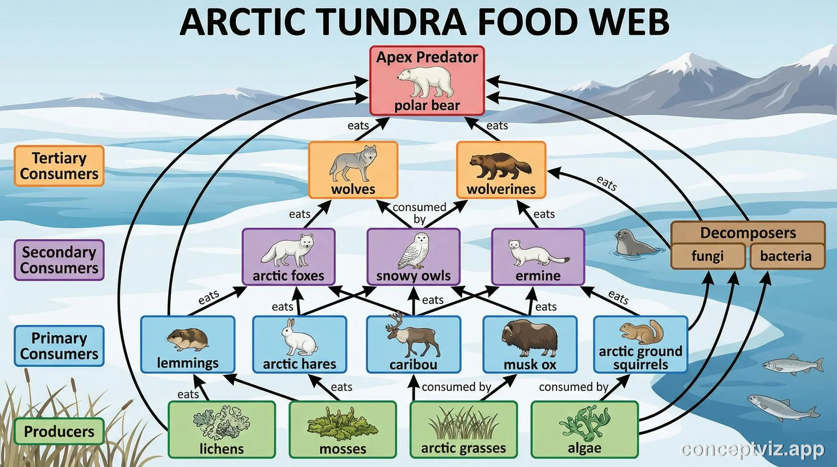 Arctic tundra food web diagram with lichens, mosses, arctic grasses, lemmings, arctic hares, caribou, snowy owls, arctic foxes, wolves, and polar bears connected by feeding arrows.