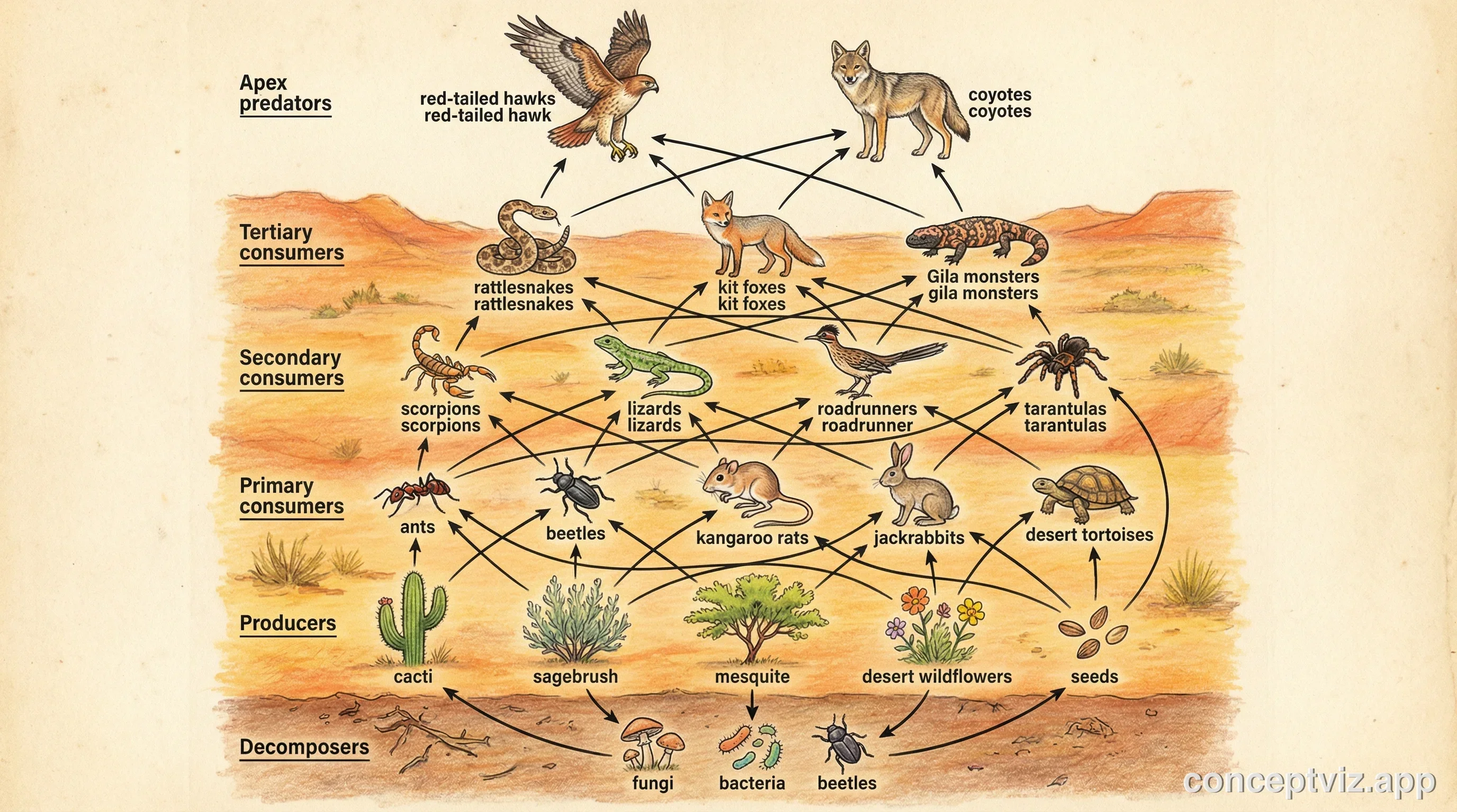 Desert ecosystem food web diagram featuring cacti, shrubs, seeds, ants, beetles, scorpions, lizards, kangaroo rats, roadrunners, rattlesnakes, hawks, and coyotes in an arid landscape.