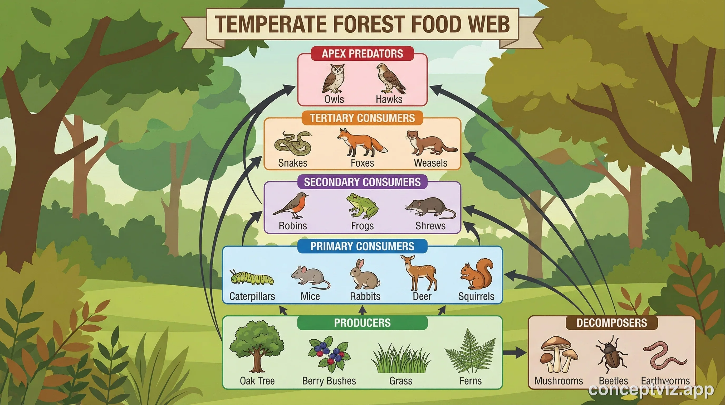 Temperate forest food web diagram displaying interconnected food chains with oak trees, berries, caterpillars, mice, rabbits, robins, snakes, foxes, and owls labeled by trophic level.