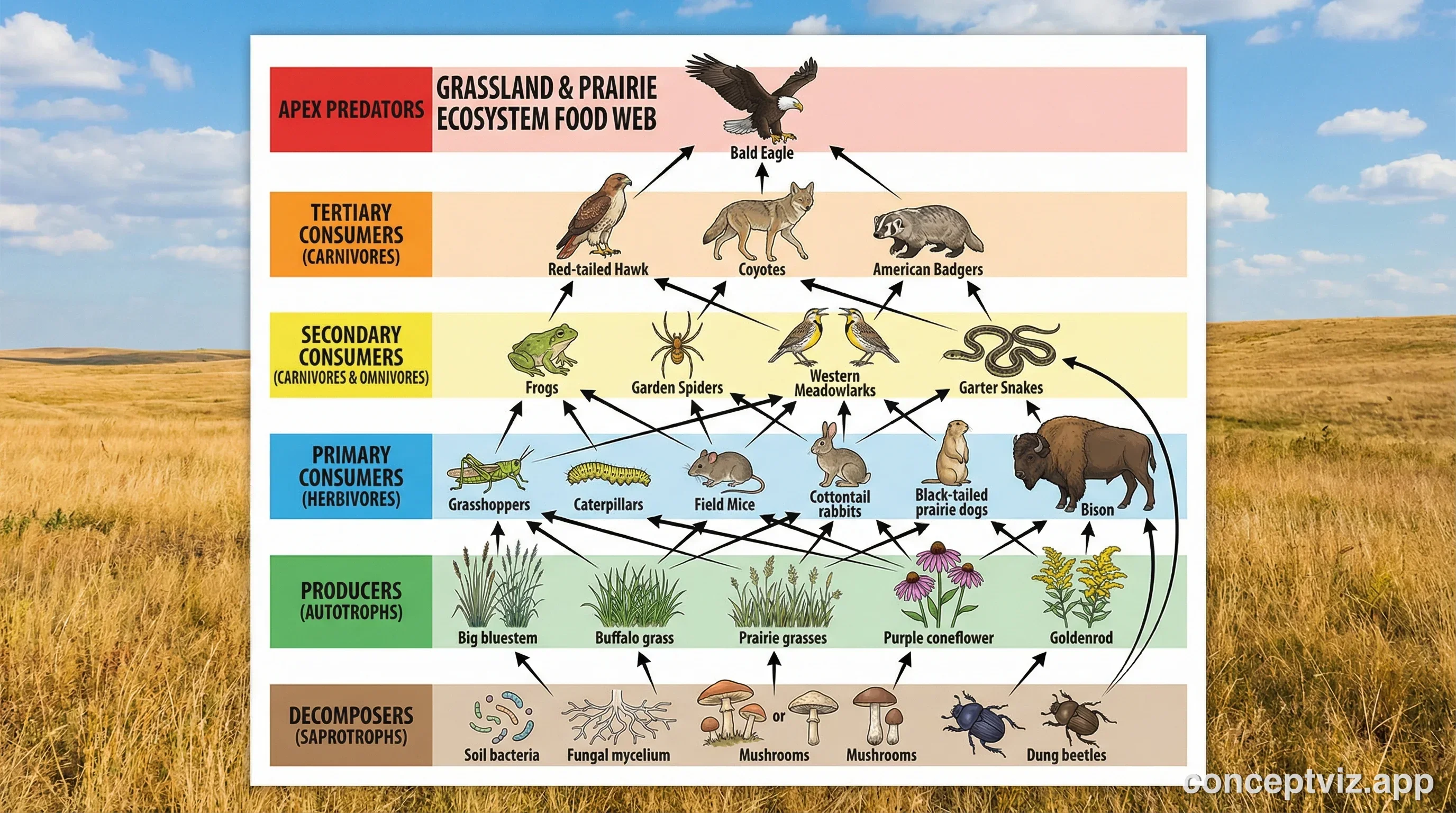 Grassland ecosystem food web showing complex relationships between grasses, wildflowers, grasshoppers, mice, rabbits, prairie dogs, snakes, hawks, coyotes, and decomposers.