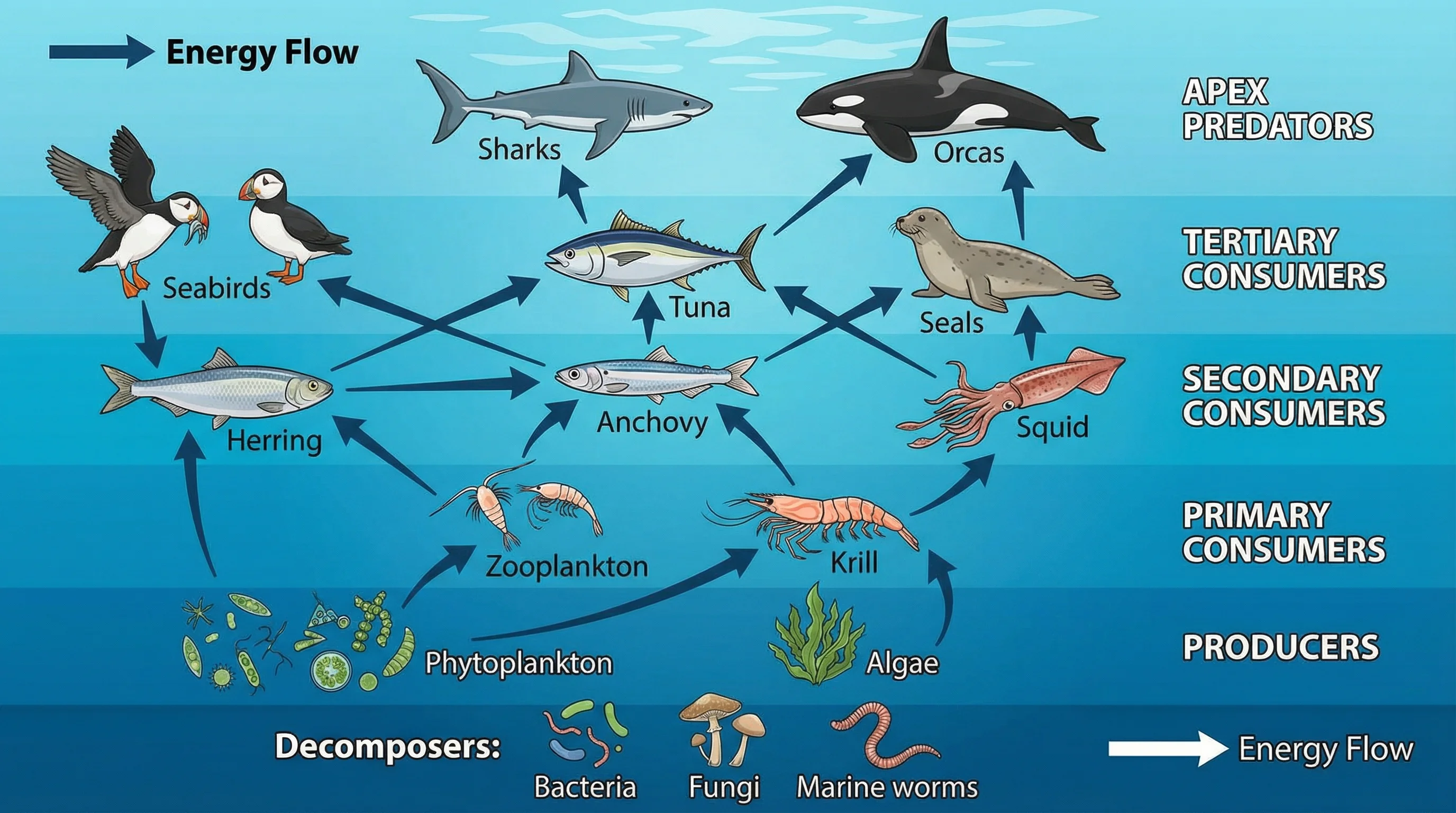 Marine carbon cycle diagram showing CO₂ absorption at the ocean surface, biological pump driven by phytoplankton, dissolved organic carbon, deep ocean storage, and seafloor sediment burial.