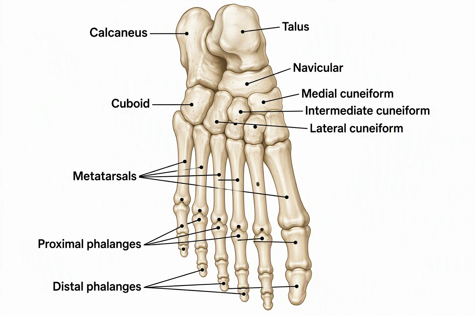 Labeled human foot bones dorsal view showing Calcaneus, Talus, Navicular, Medial cuneiform, Cuboid, Intermediate cuneiform, Lateral cuneiform, Metatarsals, Proximal phalanges, and Distal phalanges