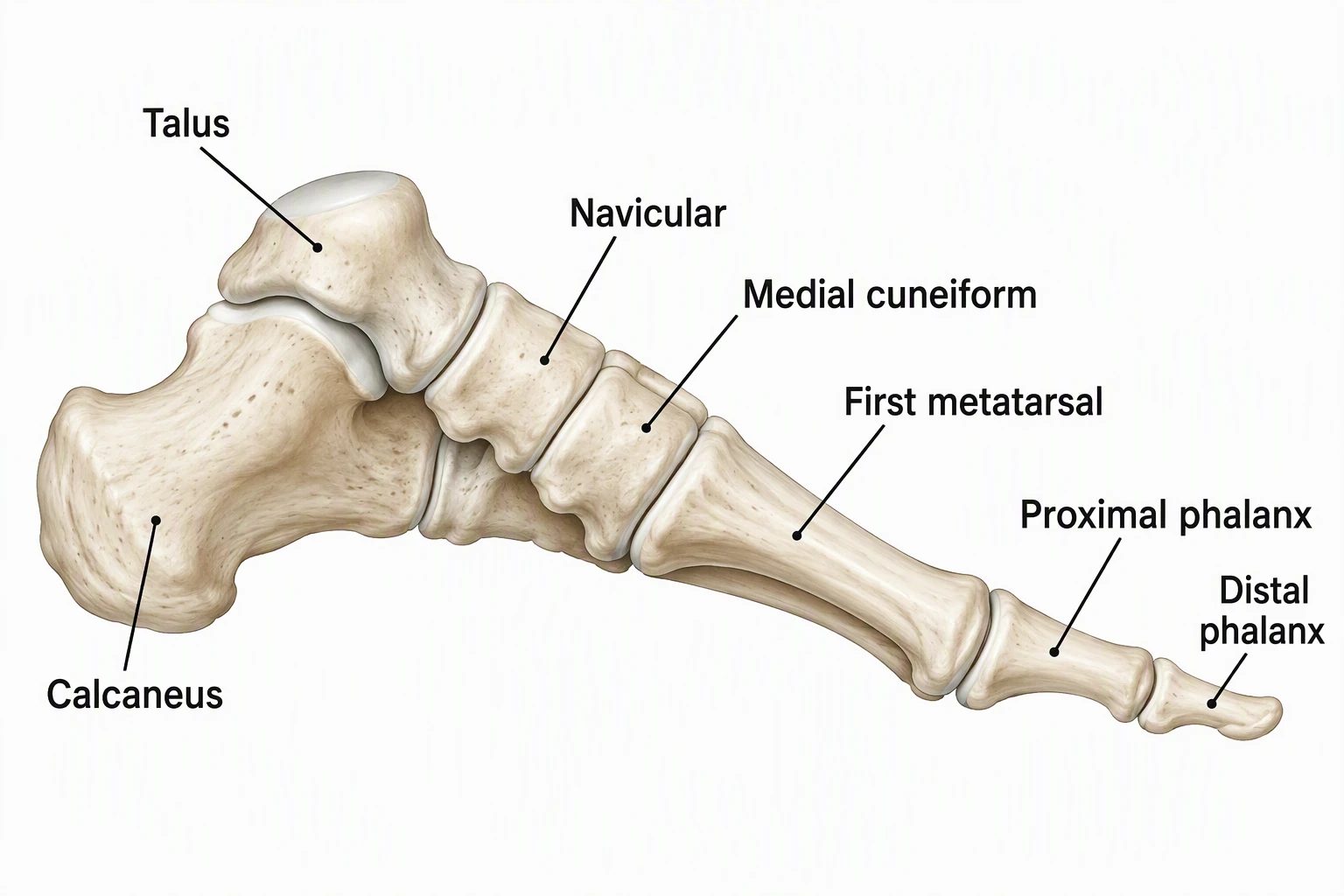 Labeled medial view of the foot arch showing Talus, Calcaneus, Navicular, Medial cuneiform, First metatarsal, Proximal phalanx, and Distal phalanx