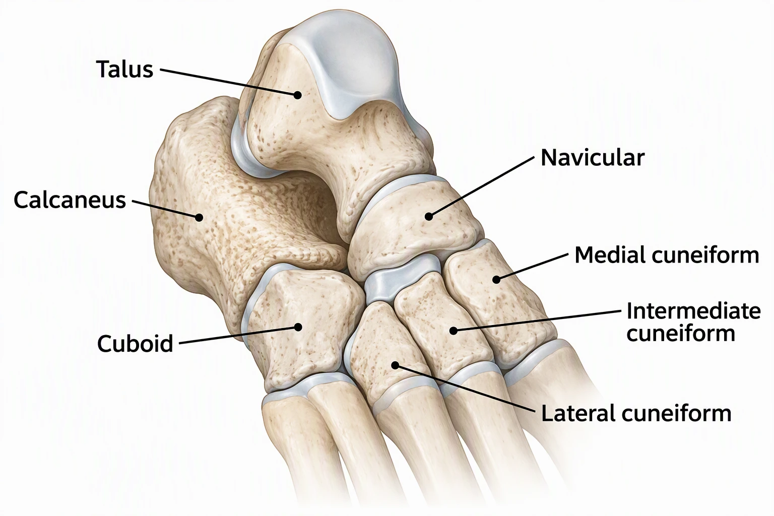 Tarsal bones close-up labeled Talus, Calcaneus, Navicular, Cuboid, Medial cuneiform, Intermediate cuneiform, and Lateral cuneiform