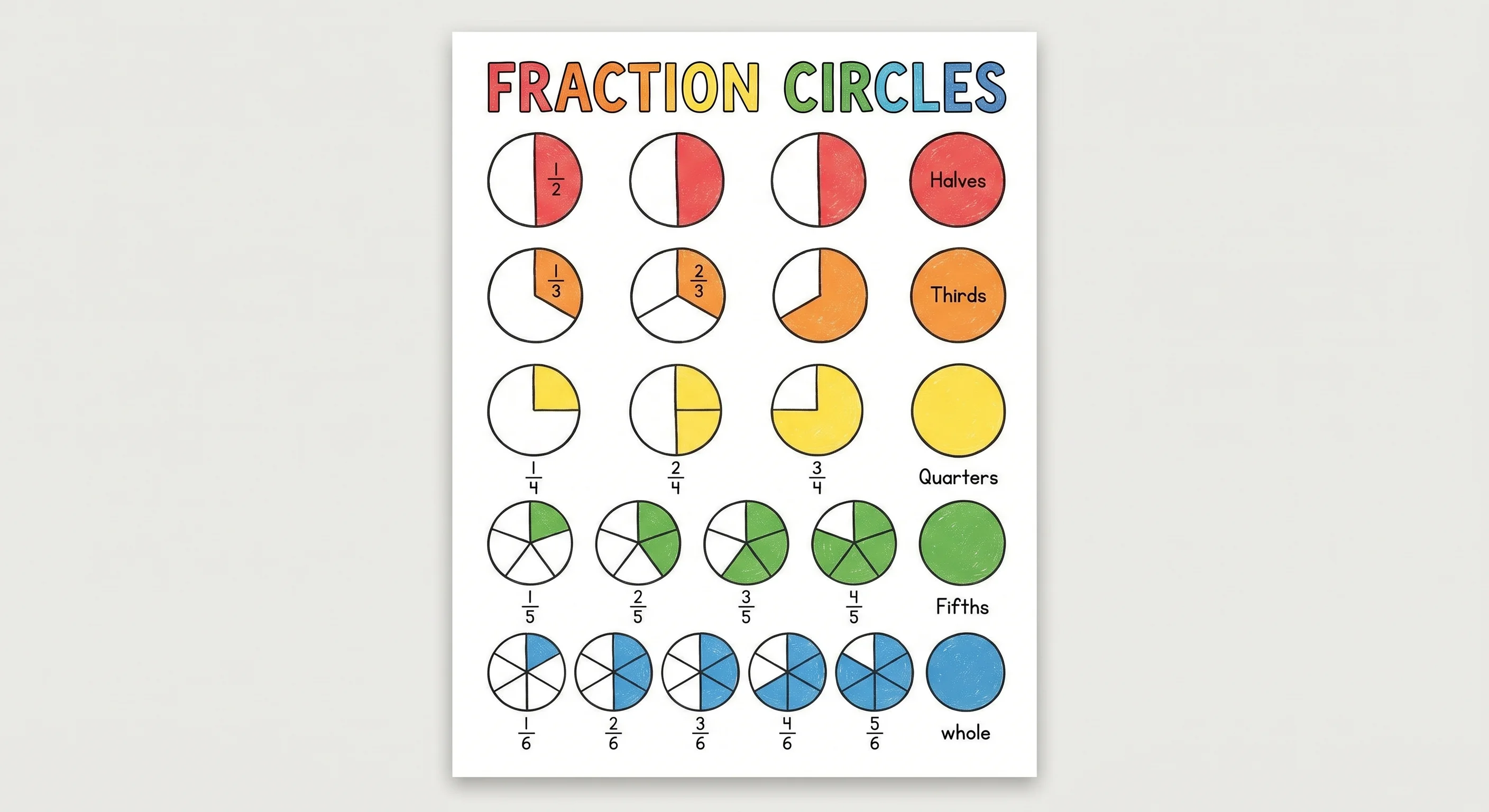 Colorful fraction circles poster with shaded pies from halves to sixths