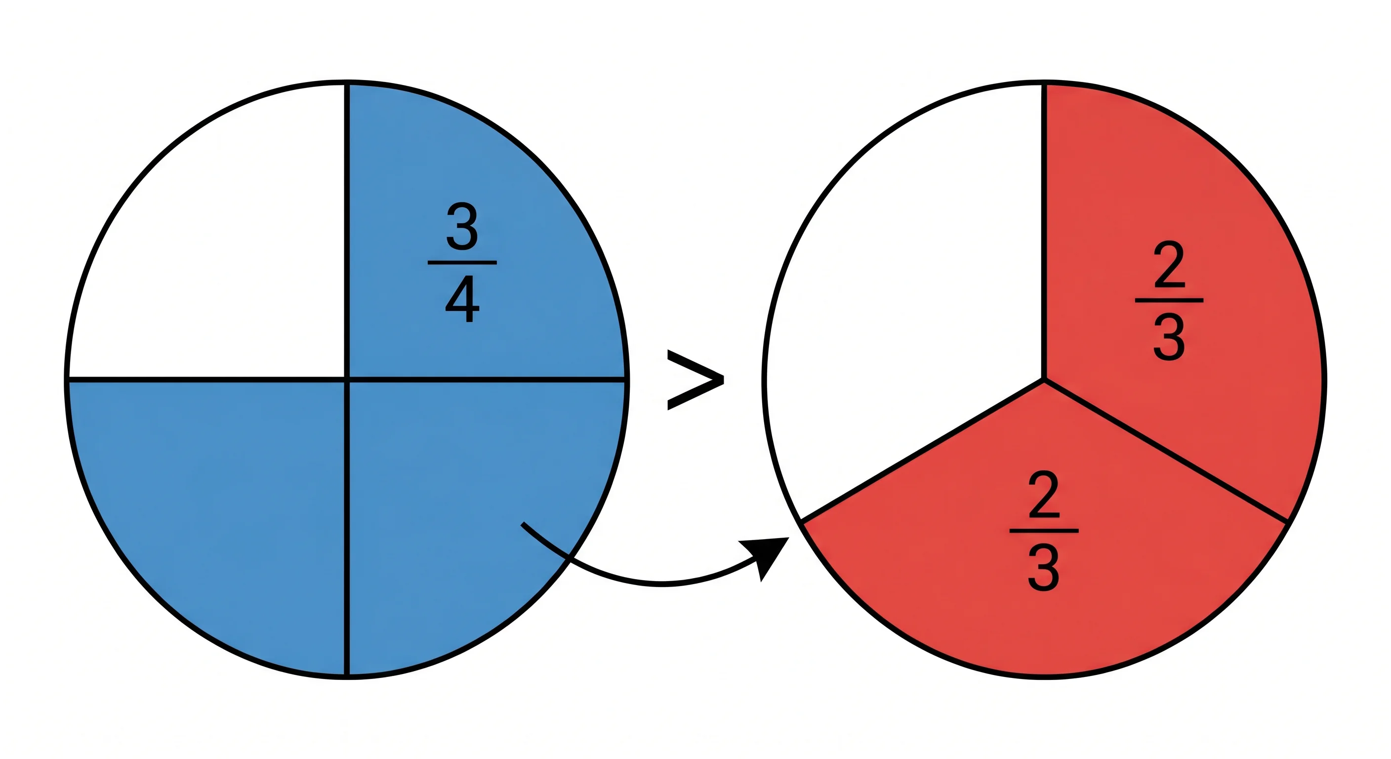 Two shaded fraction circles comparing 3/4 and 2/3