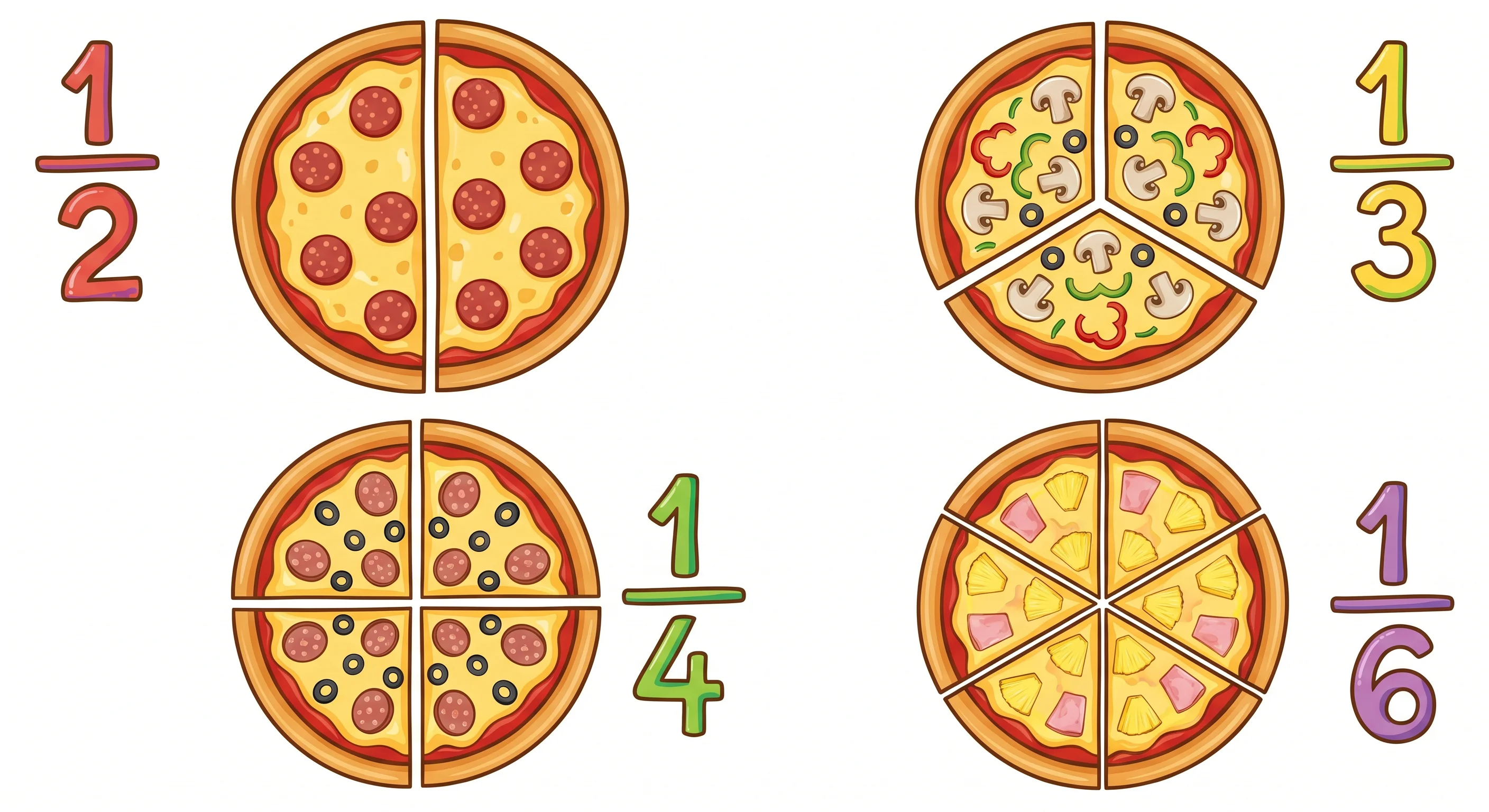 Pizza-style fraction circles showing halves, thirds, quarters, and sixths