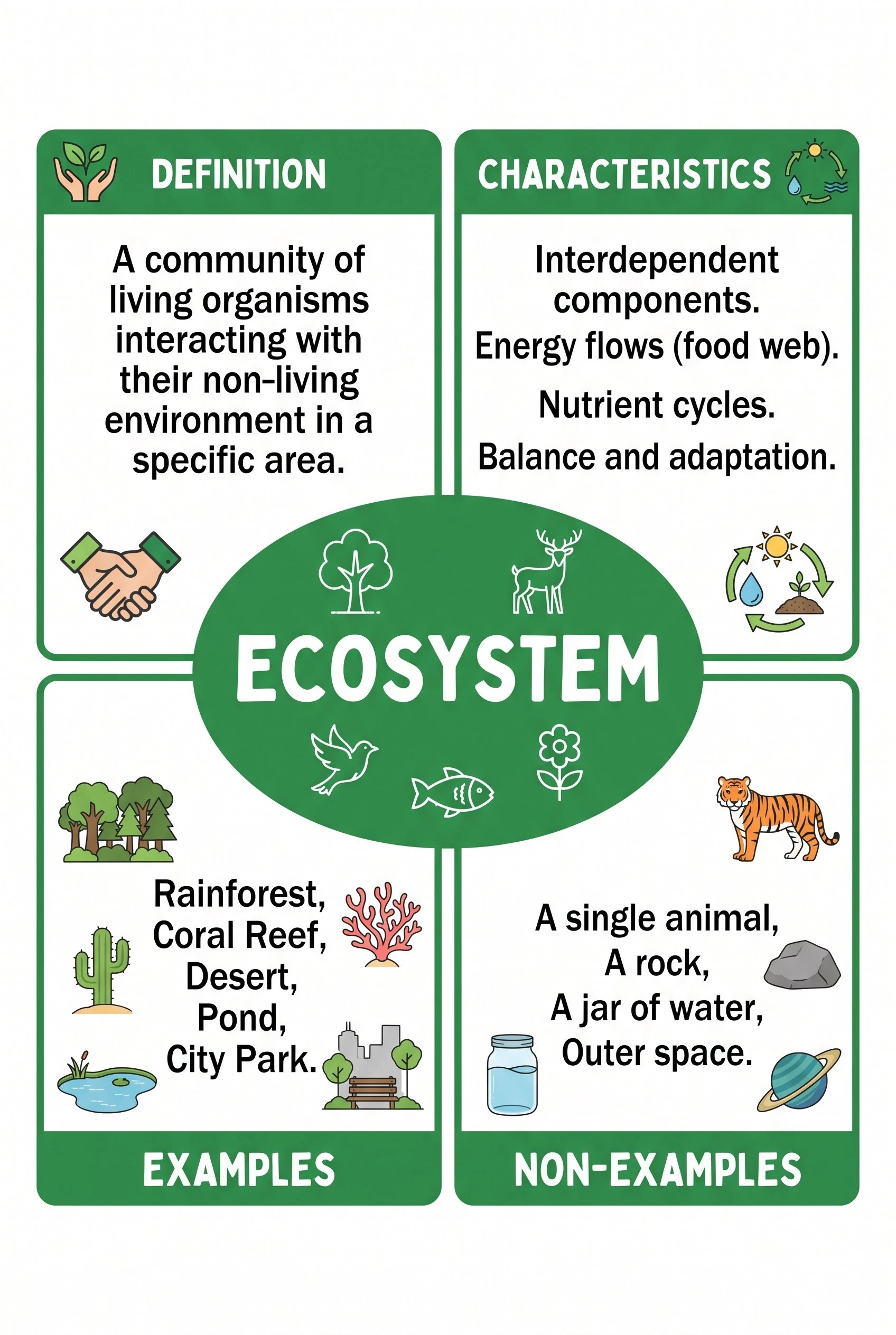AI-illustrated Frayer model for the science word ecosystem with nature icons and the four labeled quadrants