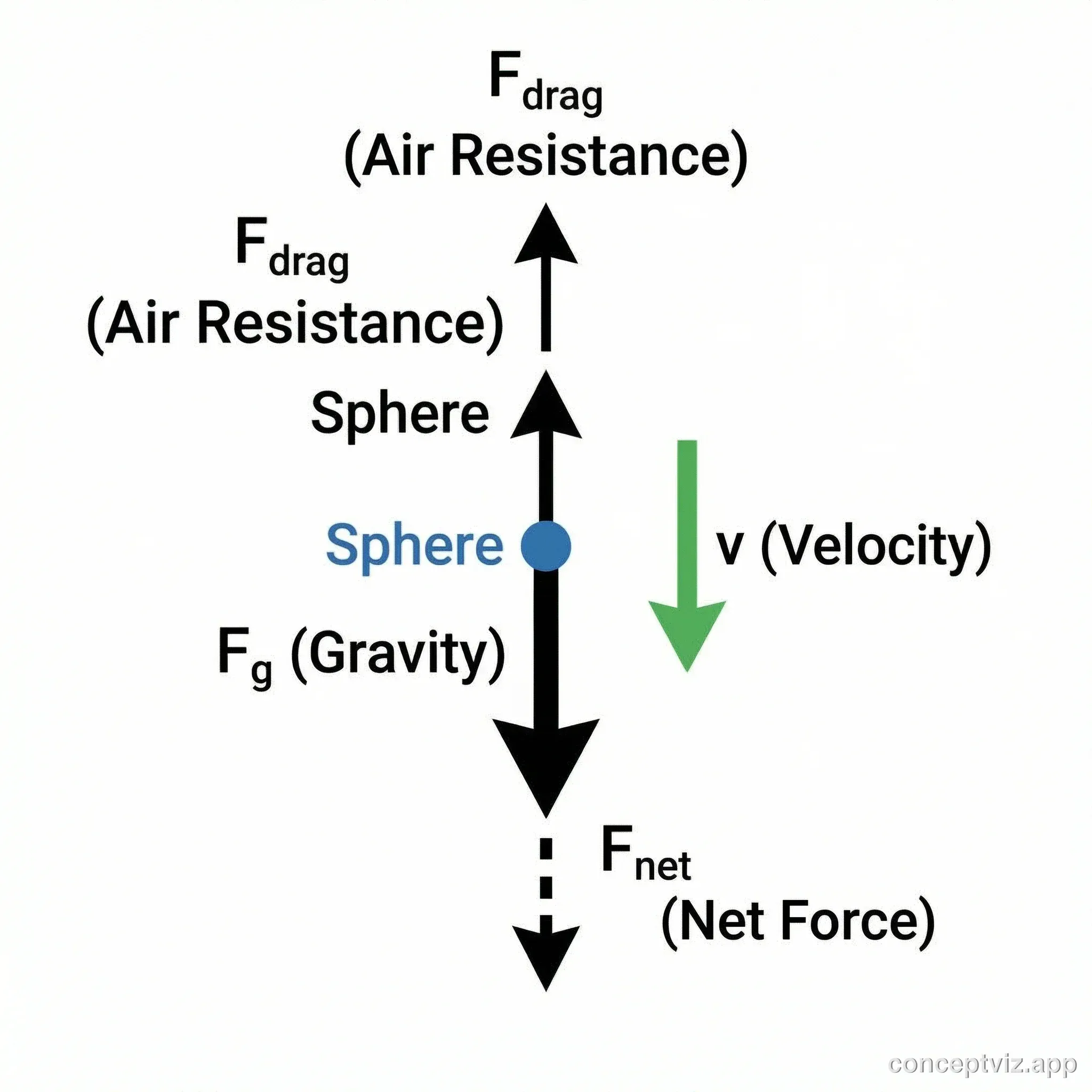 Free body diagram of a falling object with gravity pulling down and air resistance force pushing up.