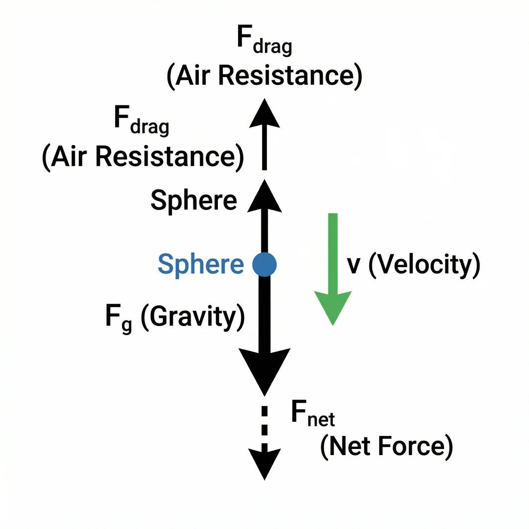 Free body diagram of a falling object with gravity pulling down and air resistance force pushing up.