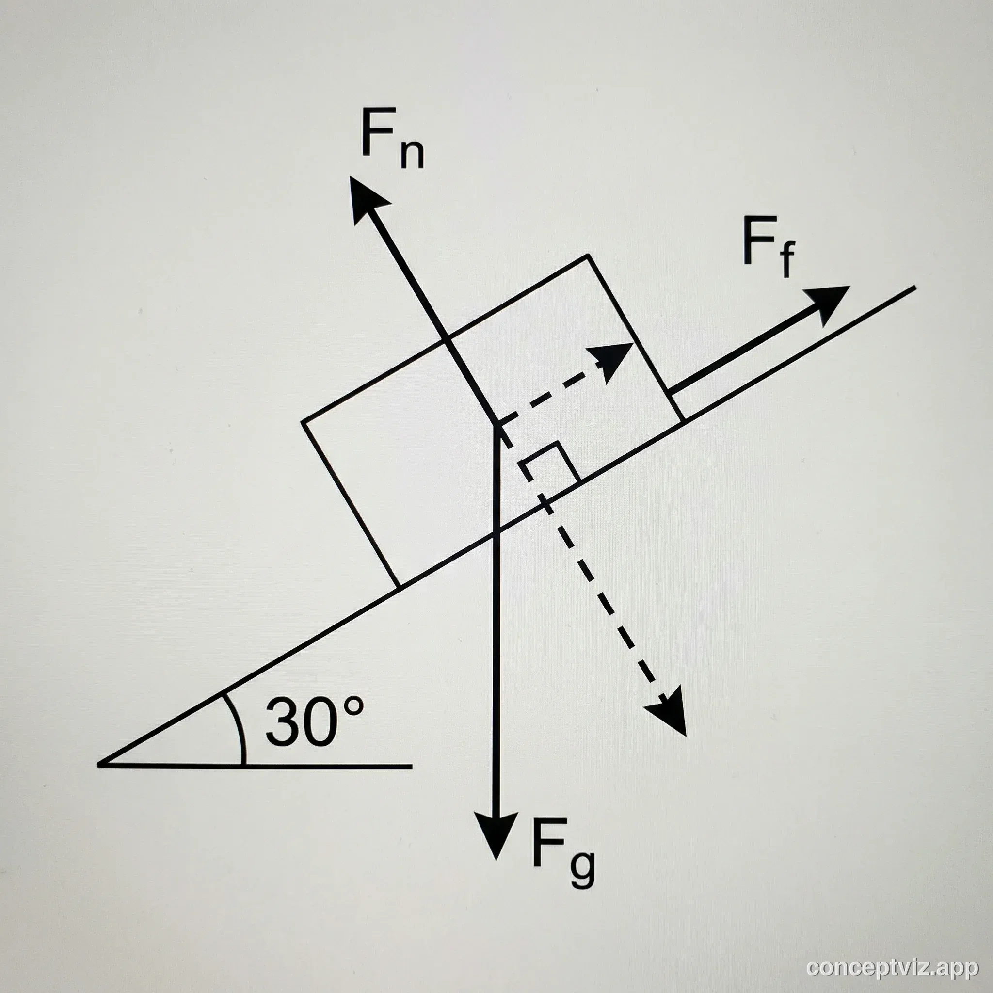 Free body diagram showing a block on an inclined plane with gravity, normal force, and friction force vectors labeled.