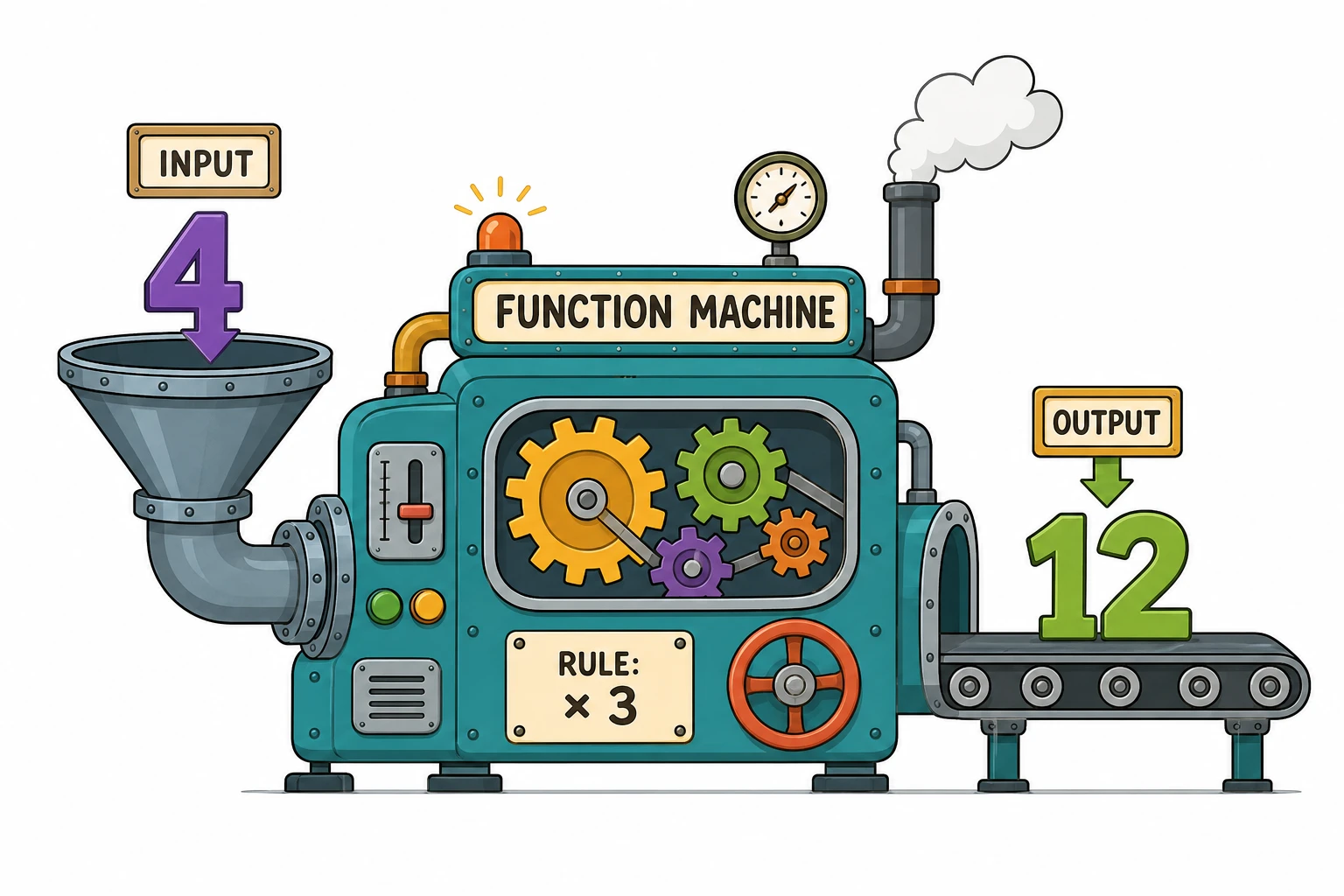 Factory-style function machine with gears, an input hopper and an output conveyor belt