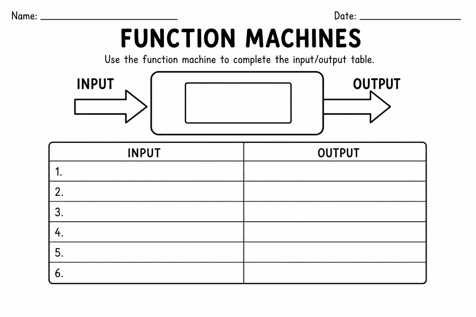 Printable worksheet with a blank function machine and an empty input/output table
