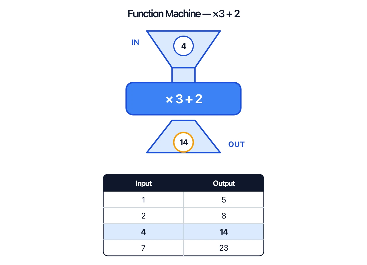 Function machine showing the rule times 3 plus 2 with an input/output table for the inputs 1, 2, 4 and 7