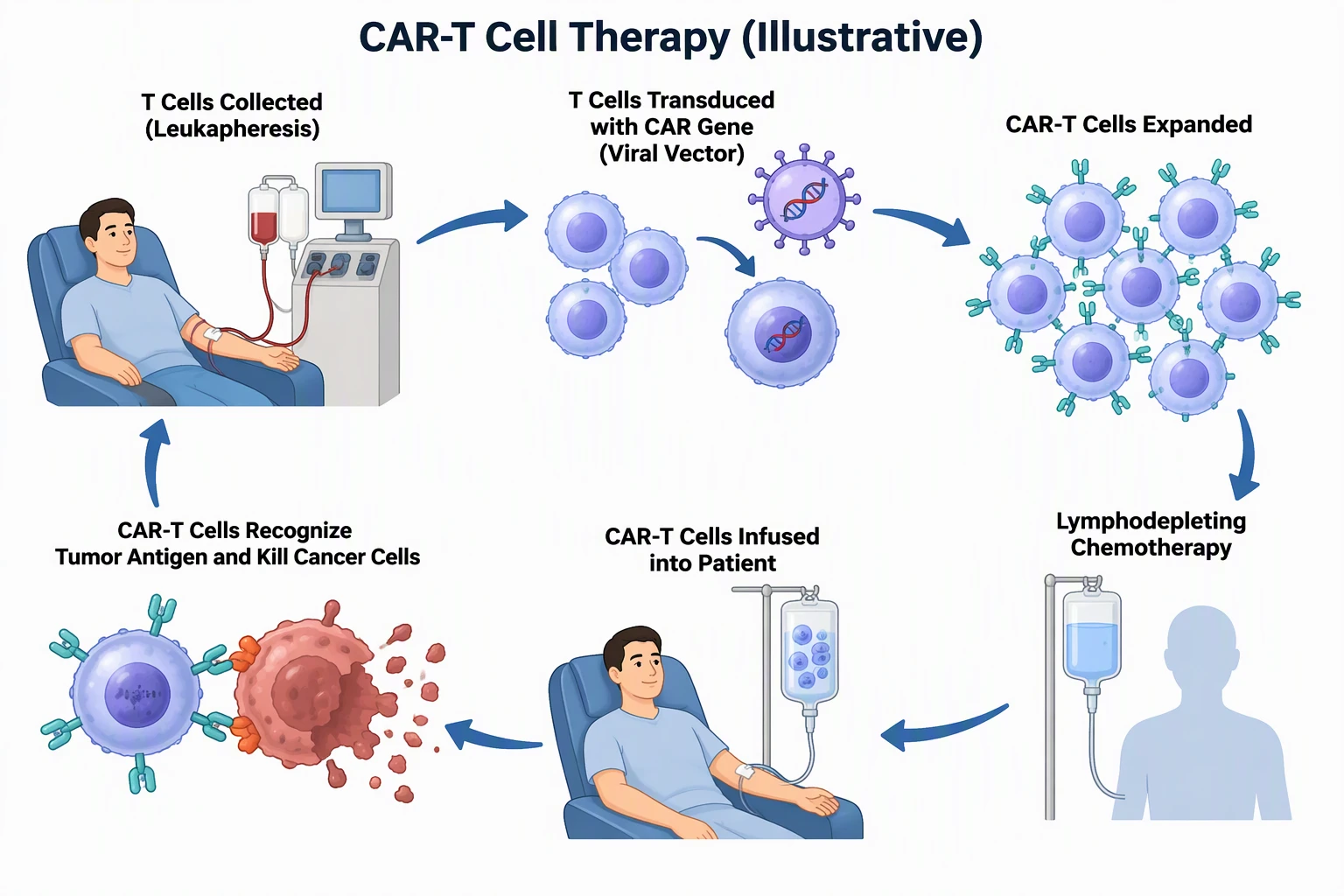 AI-generated CAR-T cell therapy diagram: leukapheresis, CAR gene transduction, expansion, lymphodepleting chemotherapy, infusion, tumor cell killing