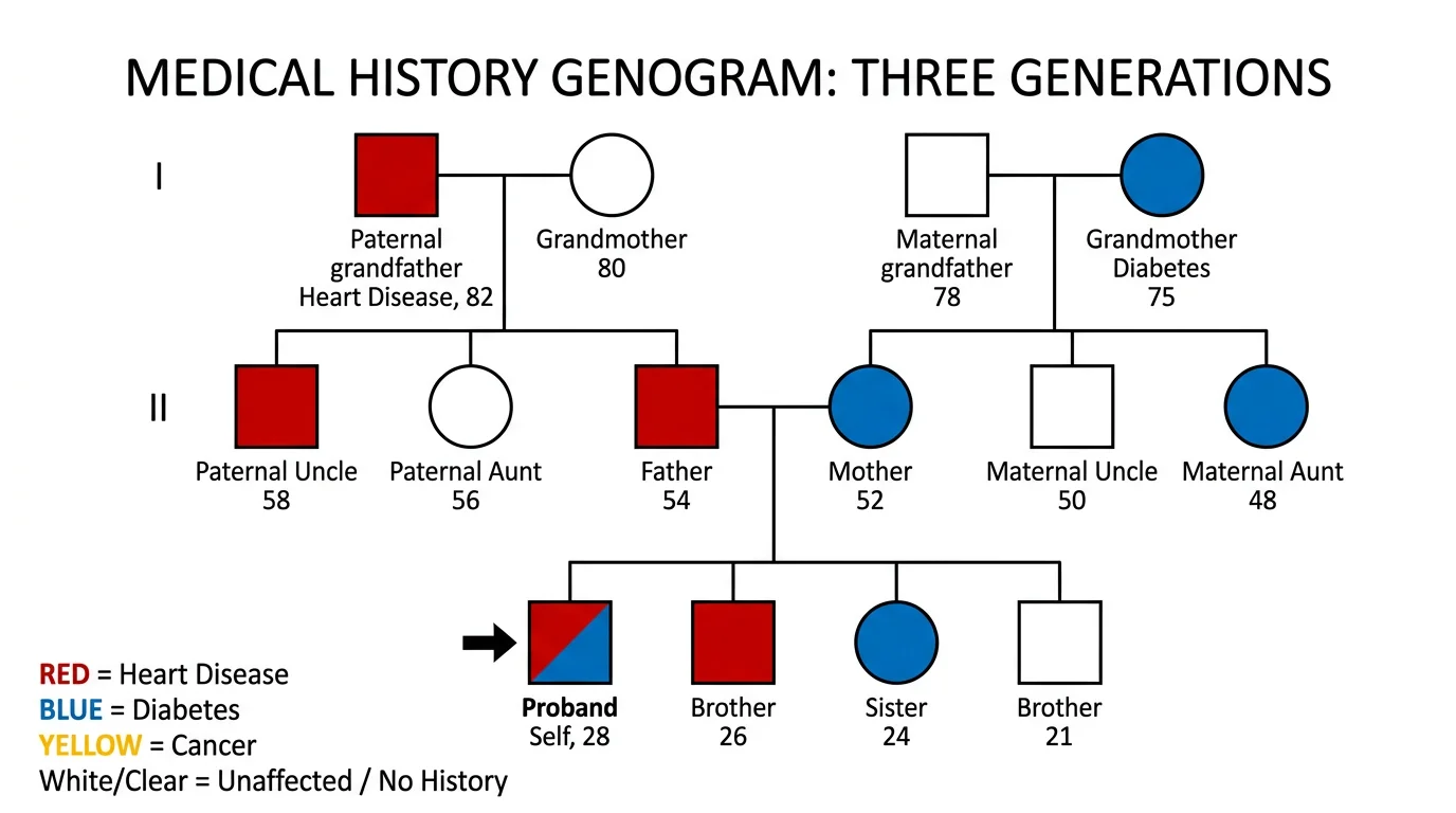 Genogram with color-coded medical conditions showing hereditary disease patterns across three generations.