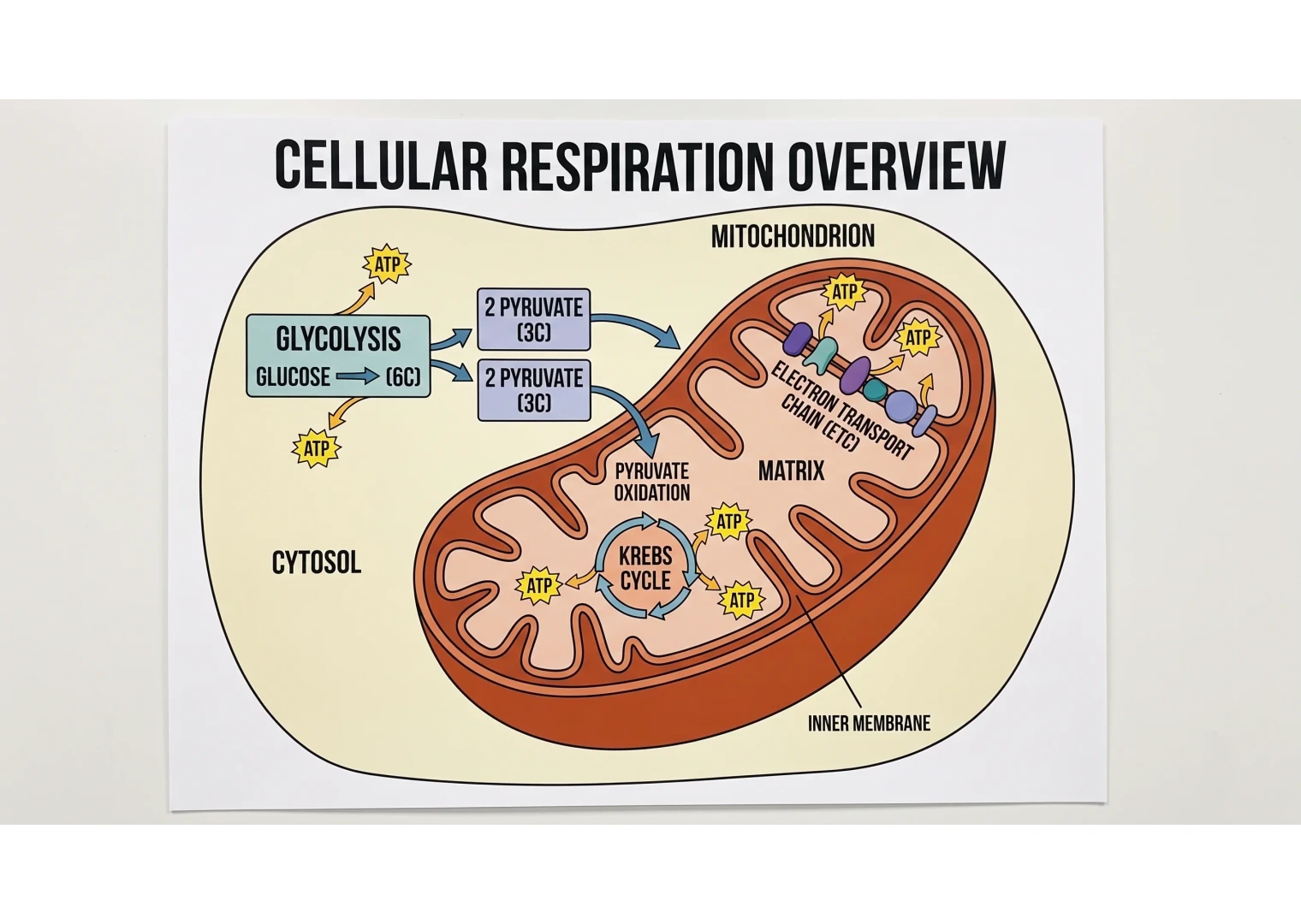 AI-generated cellular respiration overview highlighting glycolysis before the Krebs cycle and electron transport chain