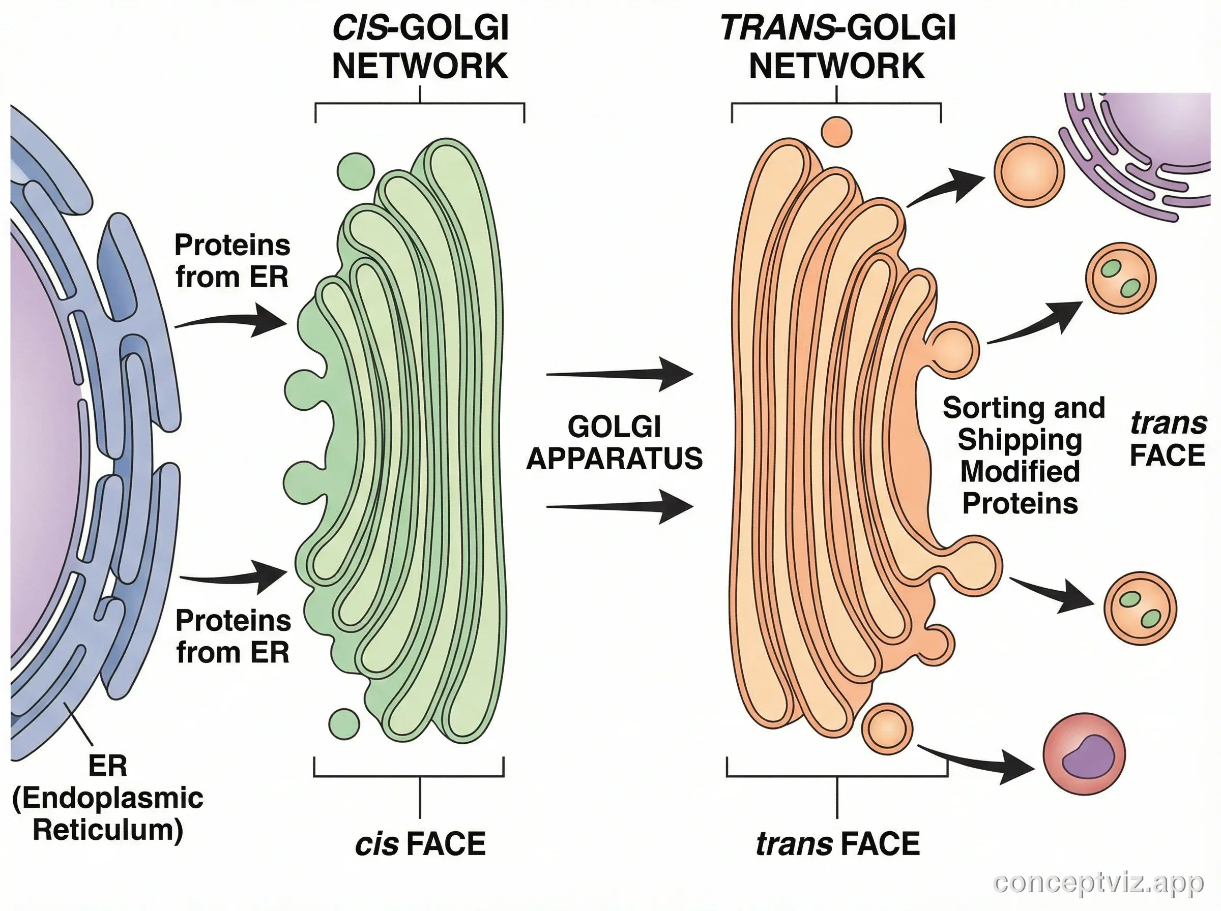 Side-by-side comparison diagram of the cis-Golgi network and trans-Golgi network, highlighting structural differences and functional roles. The cis face receives proteins from the ER while the trans face sorts and ships modified proteins to their final destinations.