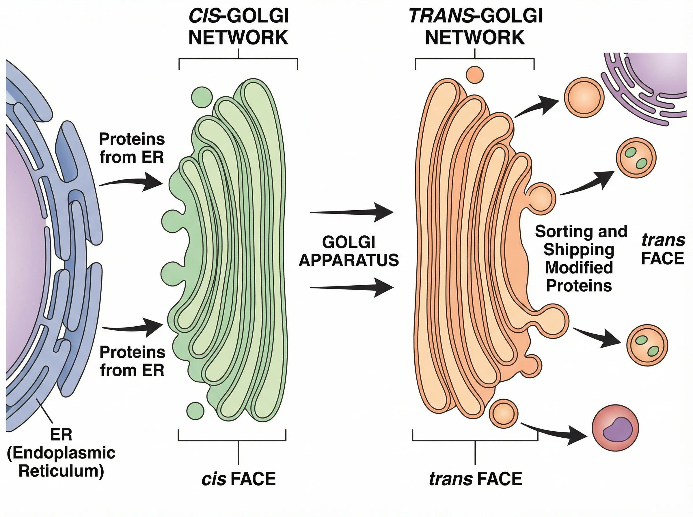 Side-by-side comparison diagram of the cis-Golgi network and trans-Golgi network, highlighting structural differences and functional roles. The cis face receives proteins from the ER while the trans face sorts and ships modified proteins to their final destinations.