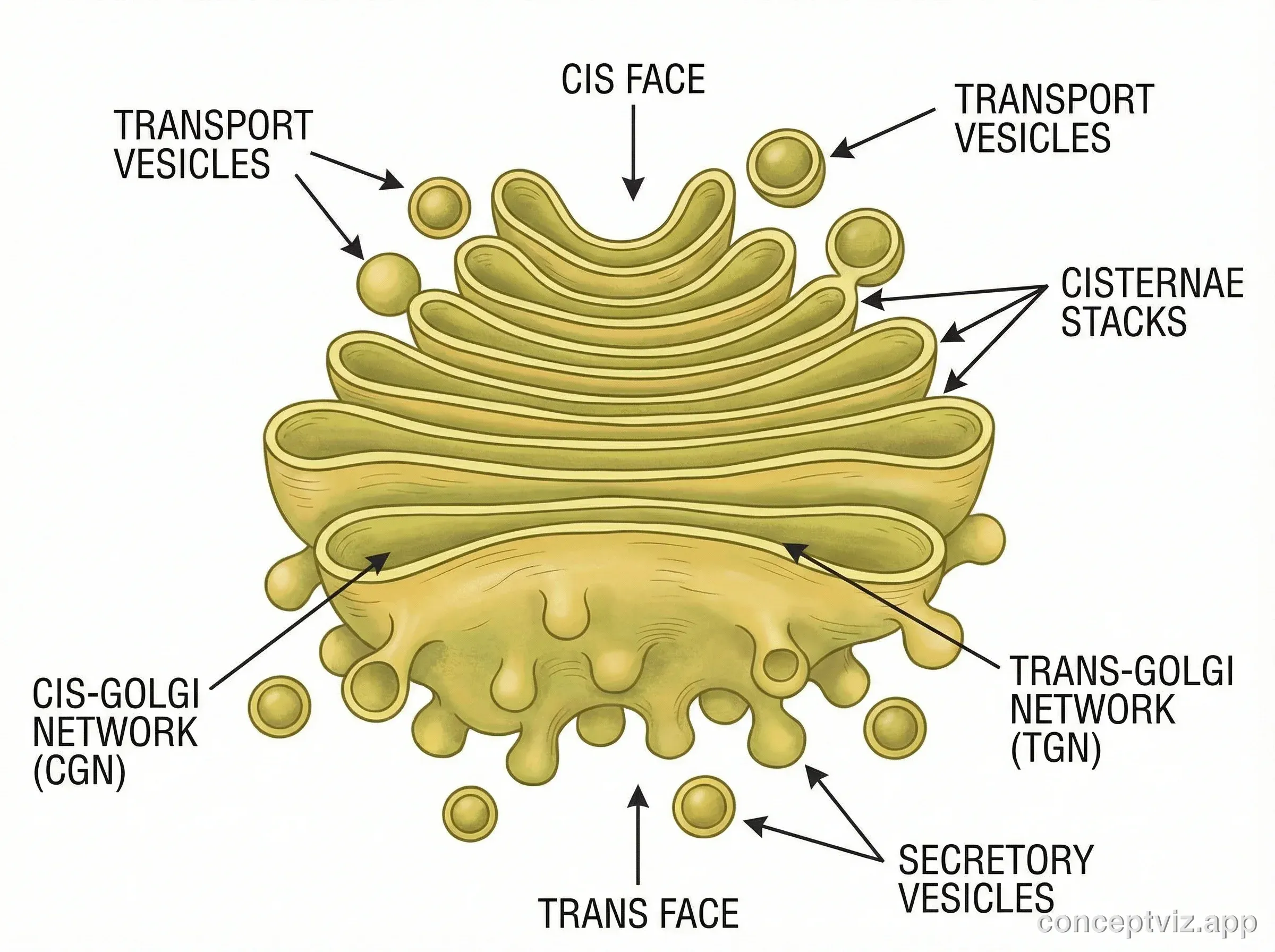 Educational labeled diagram of the Golgi apparatus showing all major structures: cis face, trans face, cisternae stacks, transport vesicles, secretory vesicles, cis-Golgi network, and trans-Golgi network. Clean scientific illustration style with a warm yellow-green color scheme on white background.