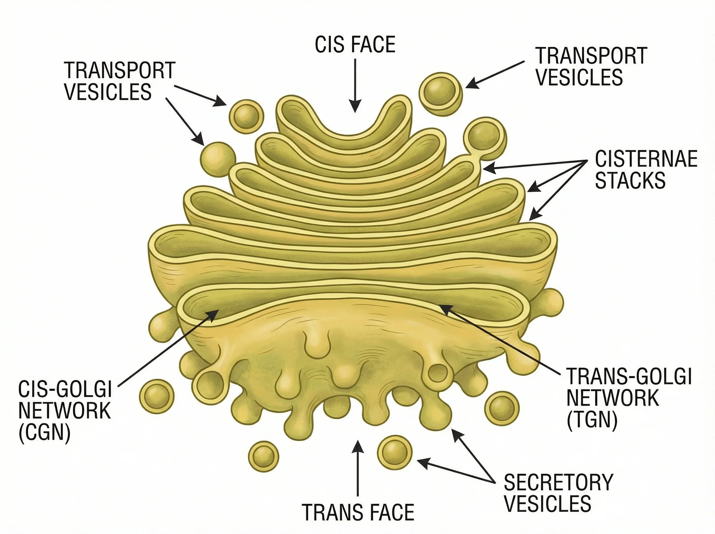 Educational labeled diagram of the Golgi apparatus showing all major structures: cis face, trans face, cisternae stacks, transport vesicles, secretory vesicles, cis-Golgi network, and trans-Golgi network. Clean scientific illustration style with a warm yellow-green color scheme on white background.